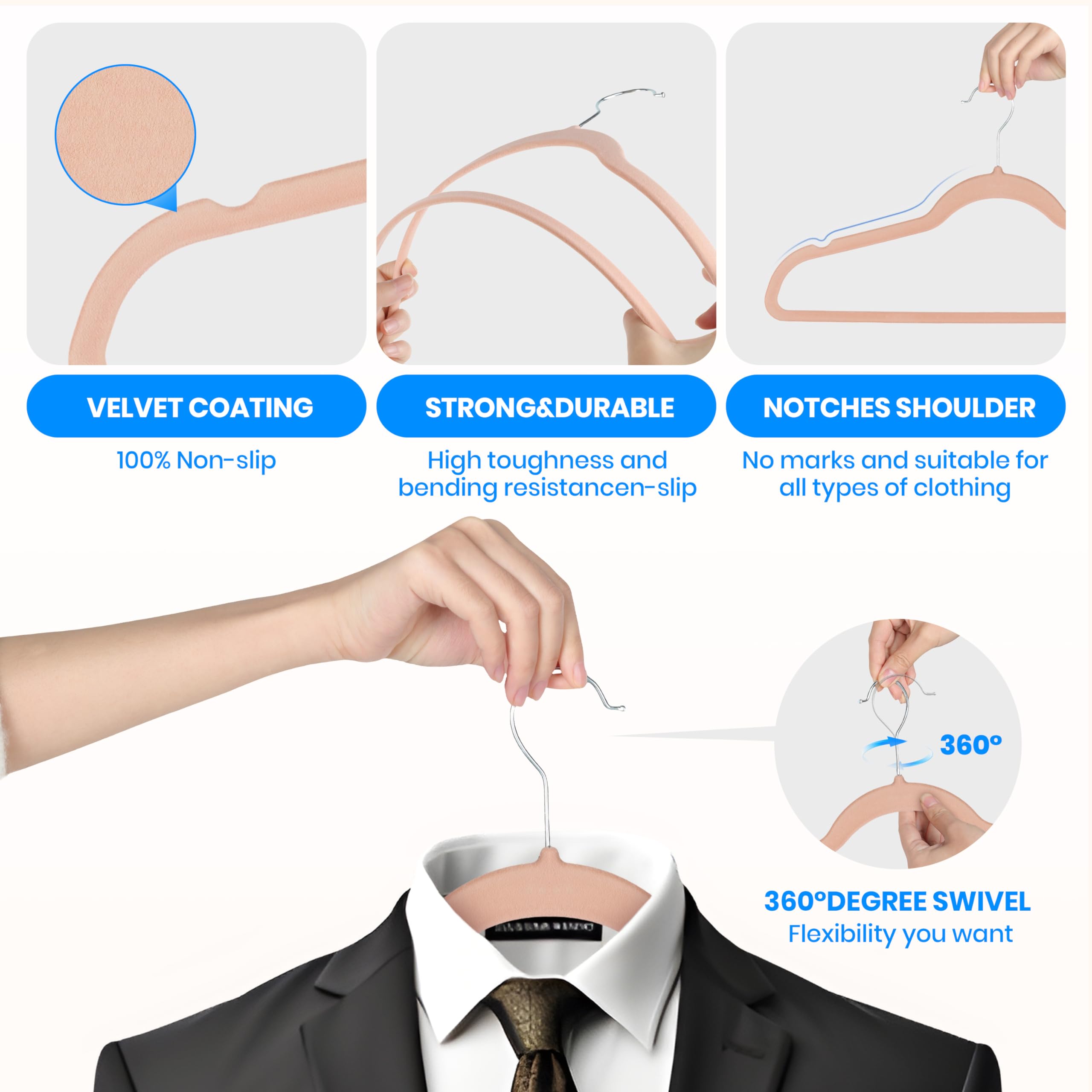 Yssoa Velvet Hangers 50 Pack, Non-Slip Clothes Hangers With Shoulder Notches, 360 Swivel Hooks, Heavy Duty Standard Hangers For