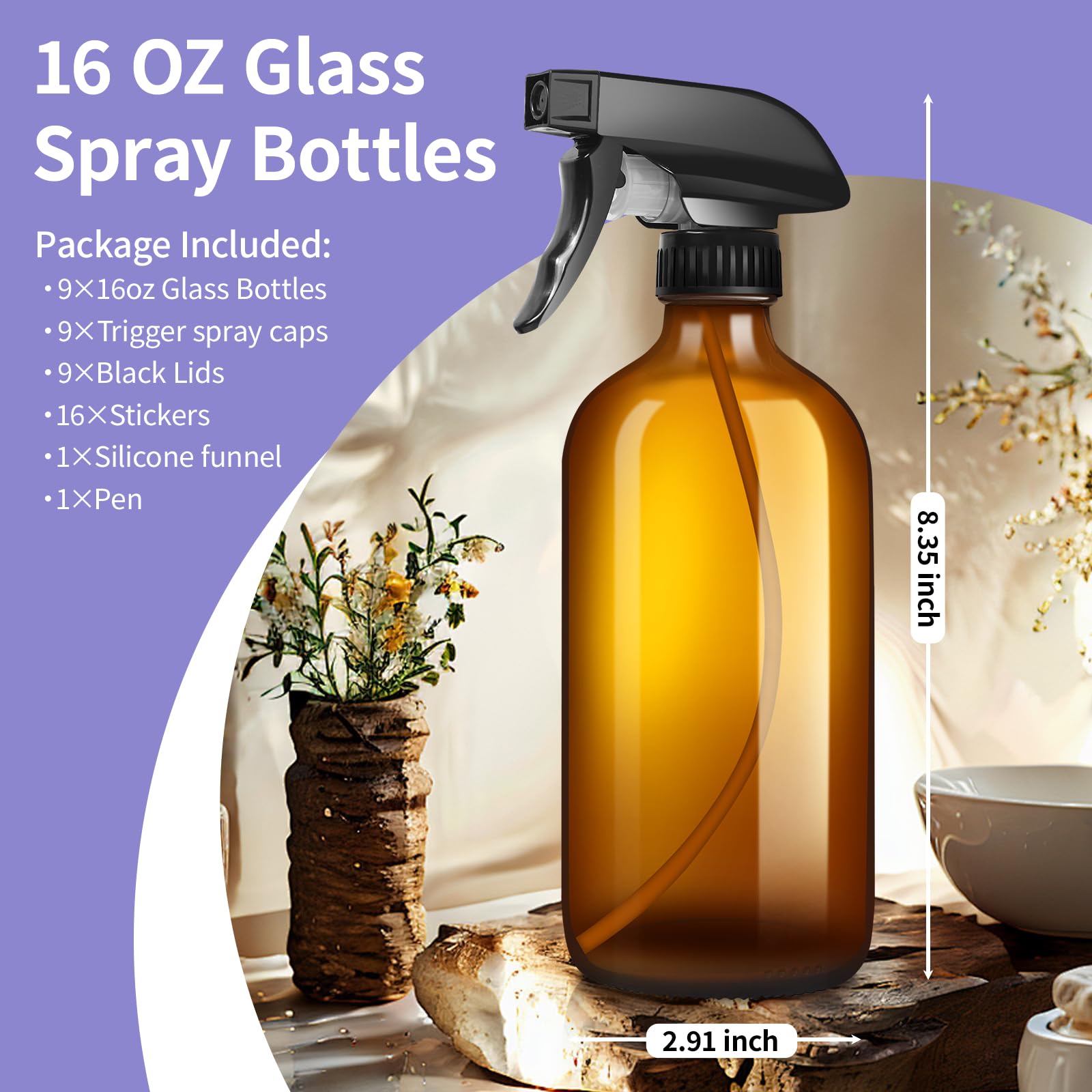 sietpoek 9 Pack Glass Spray Bottle 16oz  Empty Amber Spray Bottle Refillable Container for Essential Oils Cleaning Products Aromatherapy spray device