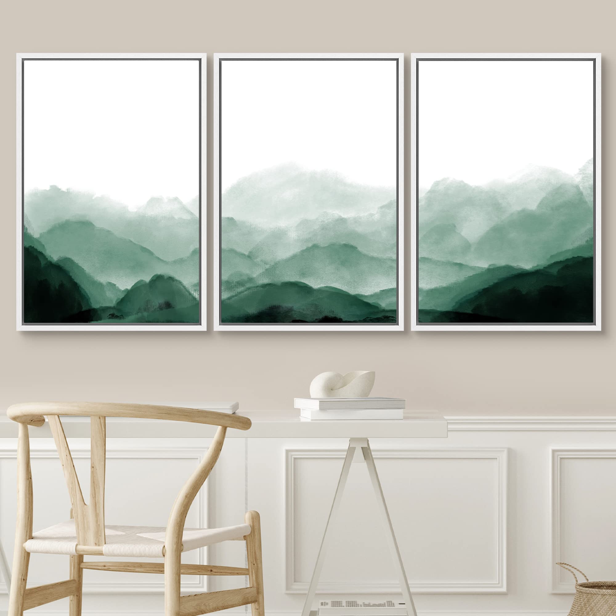 Signwin Framed Canvas Print Wall Art Green Watercolor Mountains In Fog Nature Wilderness Illustrations Modern Art Rustic Scenic