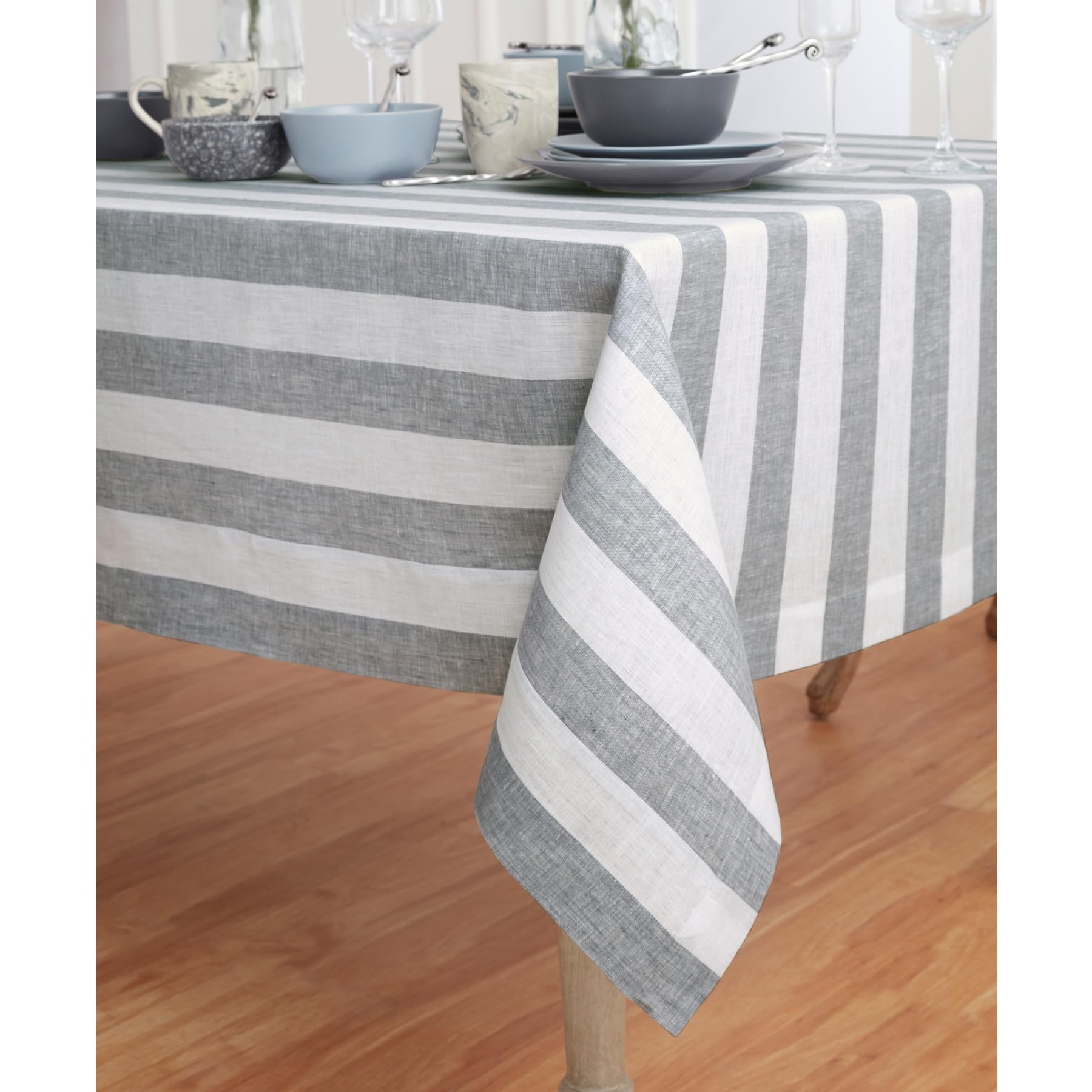 Solino Home Cabana Stripe Linen Tablecloth 120'' L X 60'' W Inch - 100% Pure Linen Grey And White Tablecloth For Spring, Easter