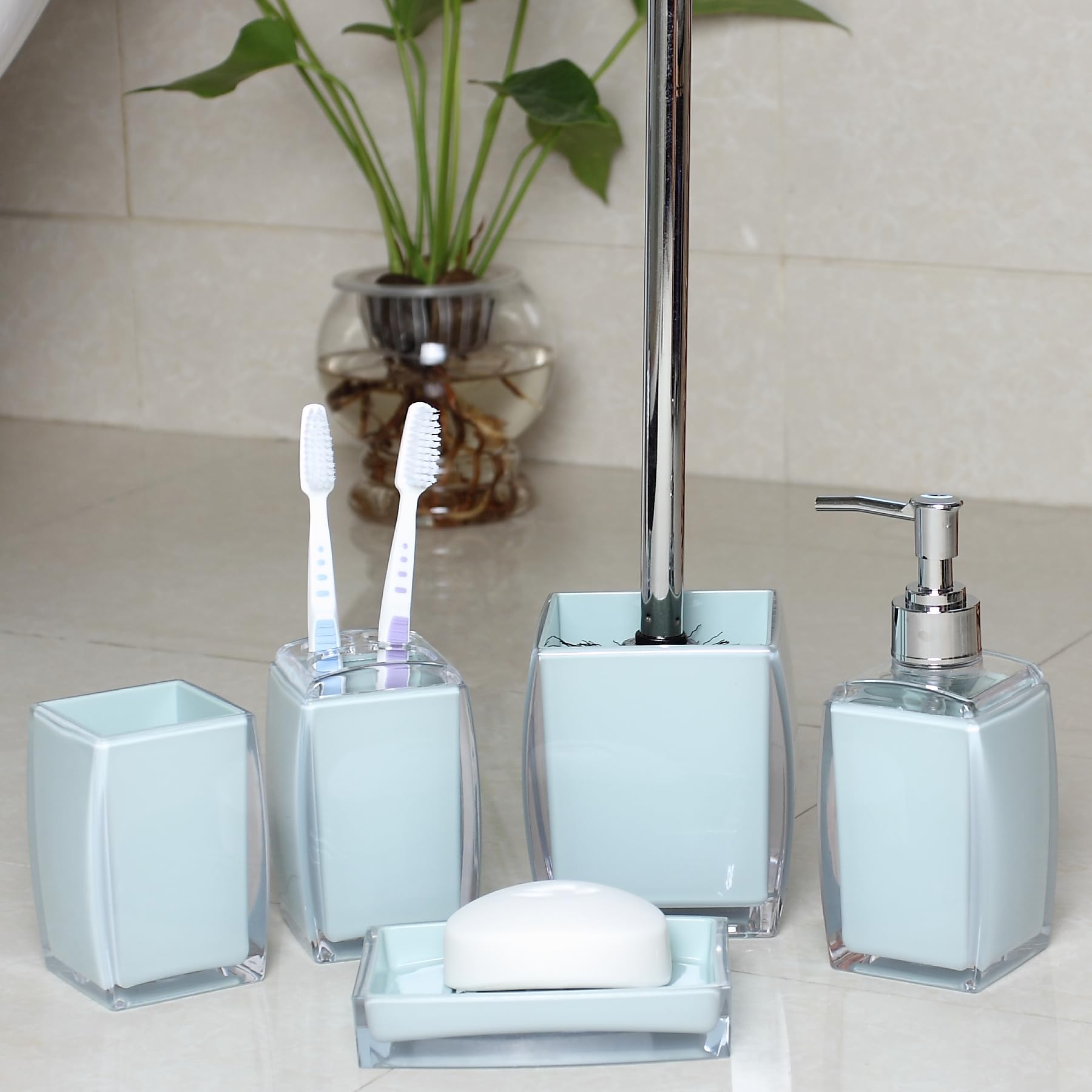 Tuanyo 5 Pcs Blue Acrylic Bathroom Accessories Set Complete,Lotion/Soap Dispenser,Soap Dish,Toothbrush Holder,Tumbler, Toilet Br