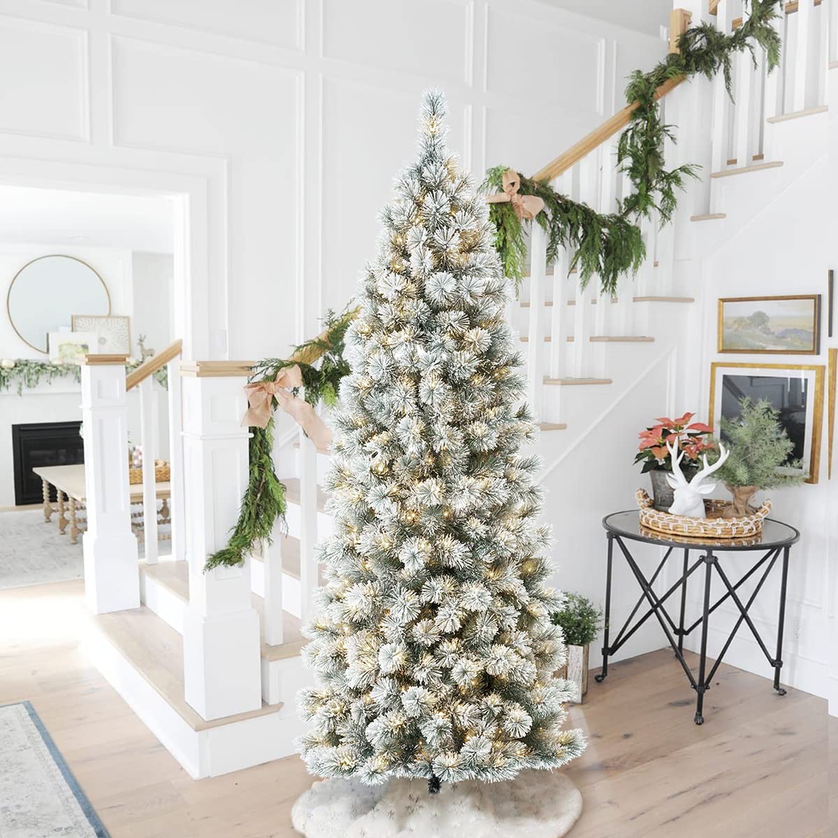 Glitzhome 7.5ft Prelit Christmas Tree, Artificial Christmas Tree with 350 Warm White Lights, Flocked Pencil Christmas Tree and F