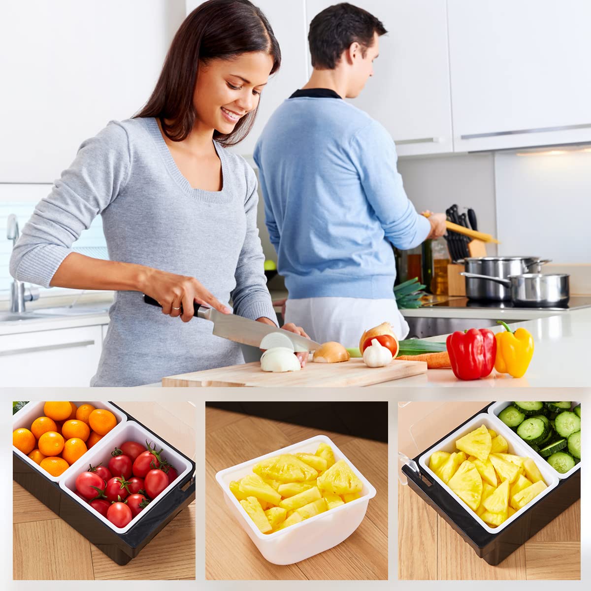 Mukeen Ice Cooled Condiment Serving Container-4 Compartment Chilled Garnish Tray Bar Caddy With Hinged Lid (4 Compartments)