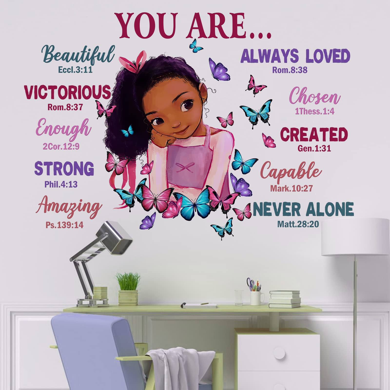Yovkky Black Girl Religious Butterfly Wall Decal Sticker  Positive Saying African American You are Beautiful Nursery Decor  Inspirational Home Afro Kid Room Decoration Bedroom Playroom Art Gift