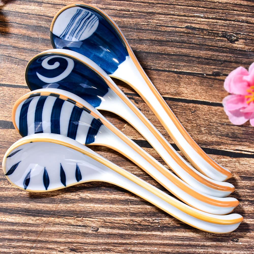 Asian Ceramic Soup Spoons Japanese Soup Spoon Set Of 4 Porcelain Long Handle Japanese Ramen Soopn For Pho Ramen Noodles Wonton D
