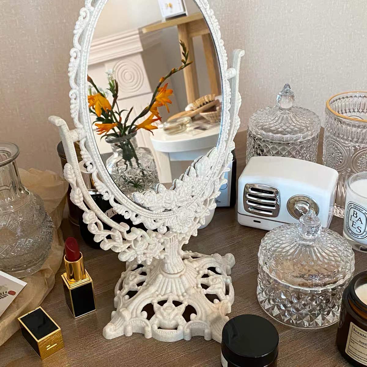 Schonee Retro Double Sided Tabletop Makeup Mirror, Oval Swivel Desktop Stand Mirror, 360 Degree Rotation Vintage Two-Sided Makeu