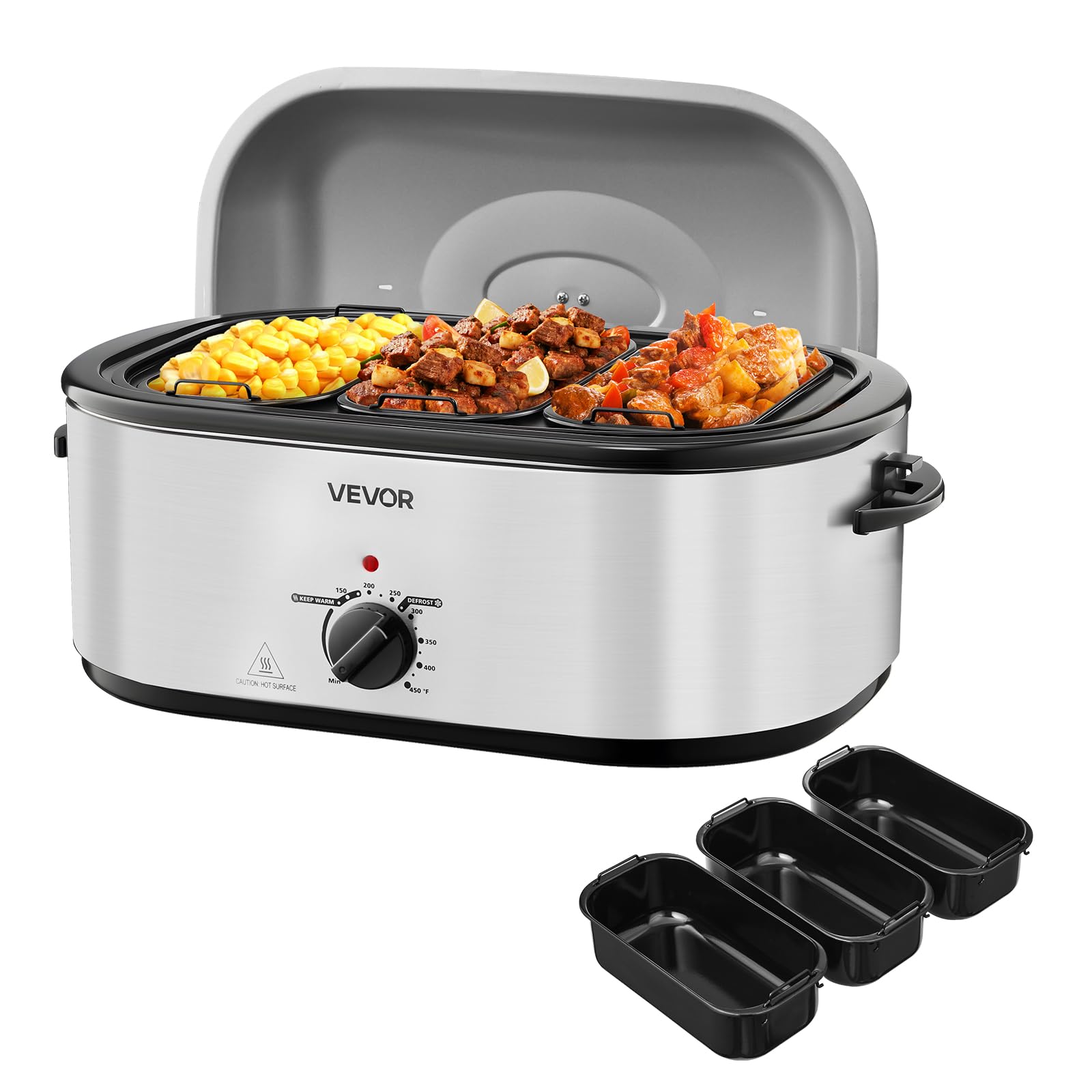 VEVOR Roaster Oven, 24QT Electric Turkey Roaster Oven, 150-450? Adjustable Temperature Electric Roasting Pan with 3 Bin Buffet S