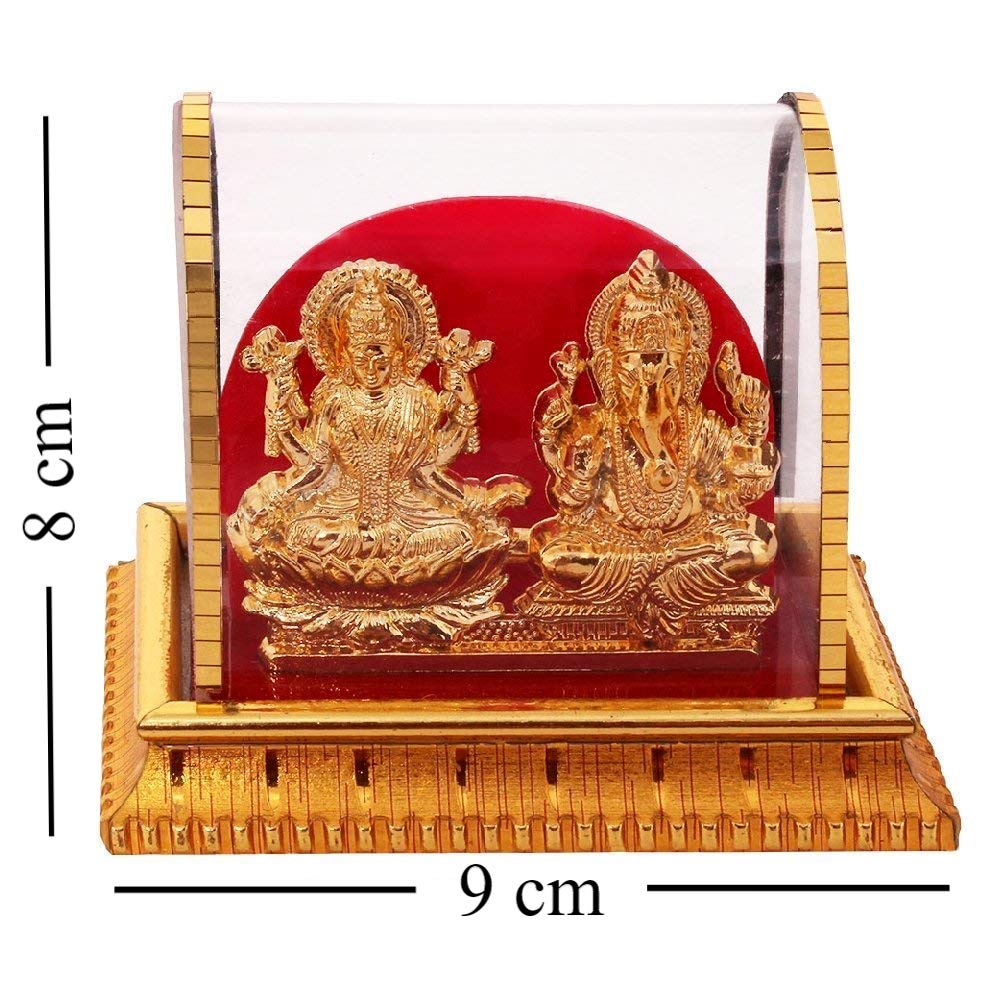 Gold Plated Lord Ganesh & Maa Laxmi Acrylic Saraswati Idol Hindu God Ganpathi & Goddess Laxmi Pooja Mandir Spiritual Figurine St
