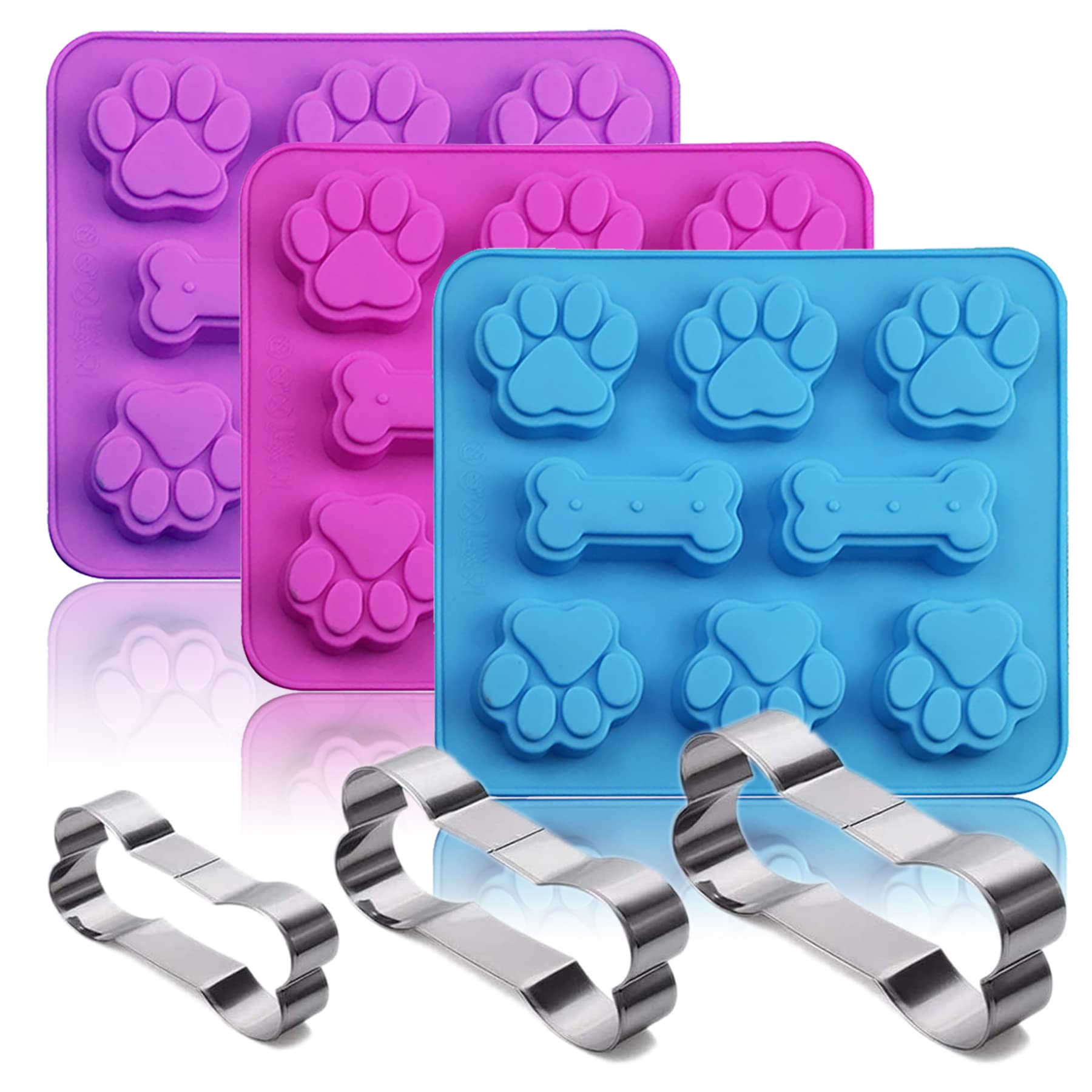 Liudhpsp Set Of 6, 3 Packs Silicone Molds Puppy Dog Paw & Bone Shaped 2 In 1 And Stainless Steel Cookie Cutter,For Homemade Trea