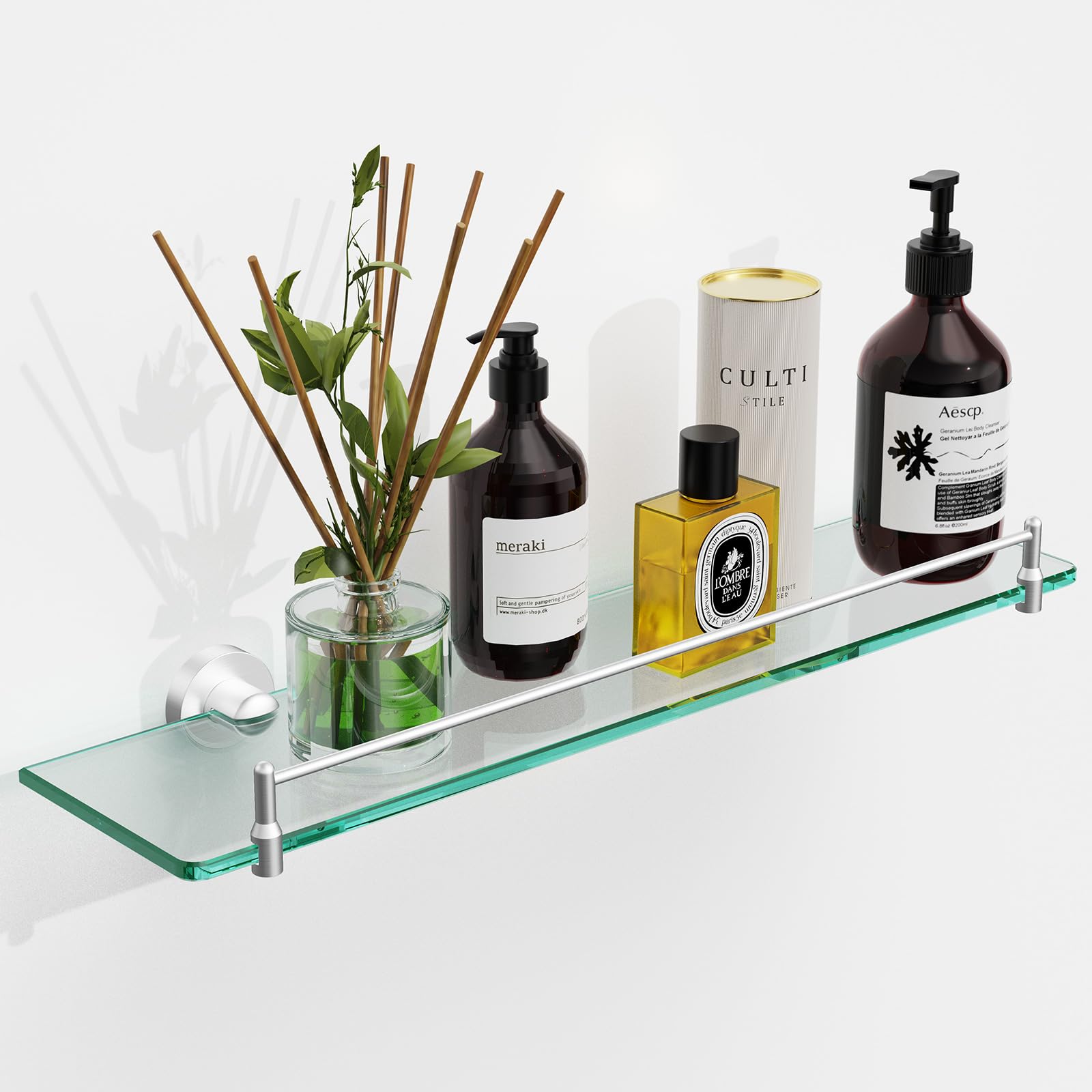 KOCOK 20 Inches Glass Shelves for Bathroom, Brushed Nickel Floating Glass Shelf Stainless Steel Tempered Glass Bathroom Shelves 