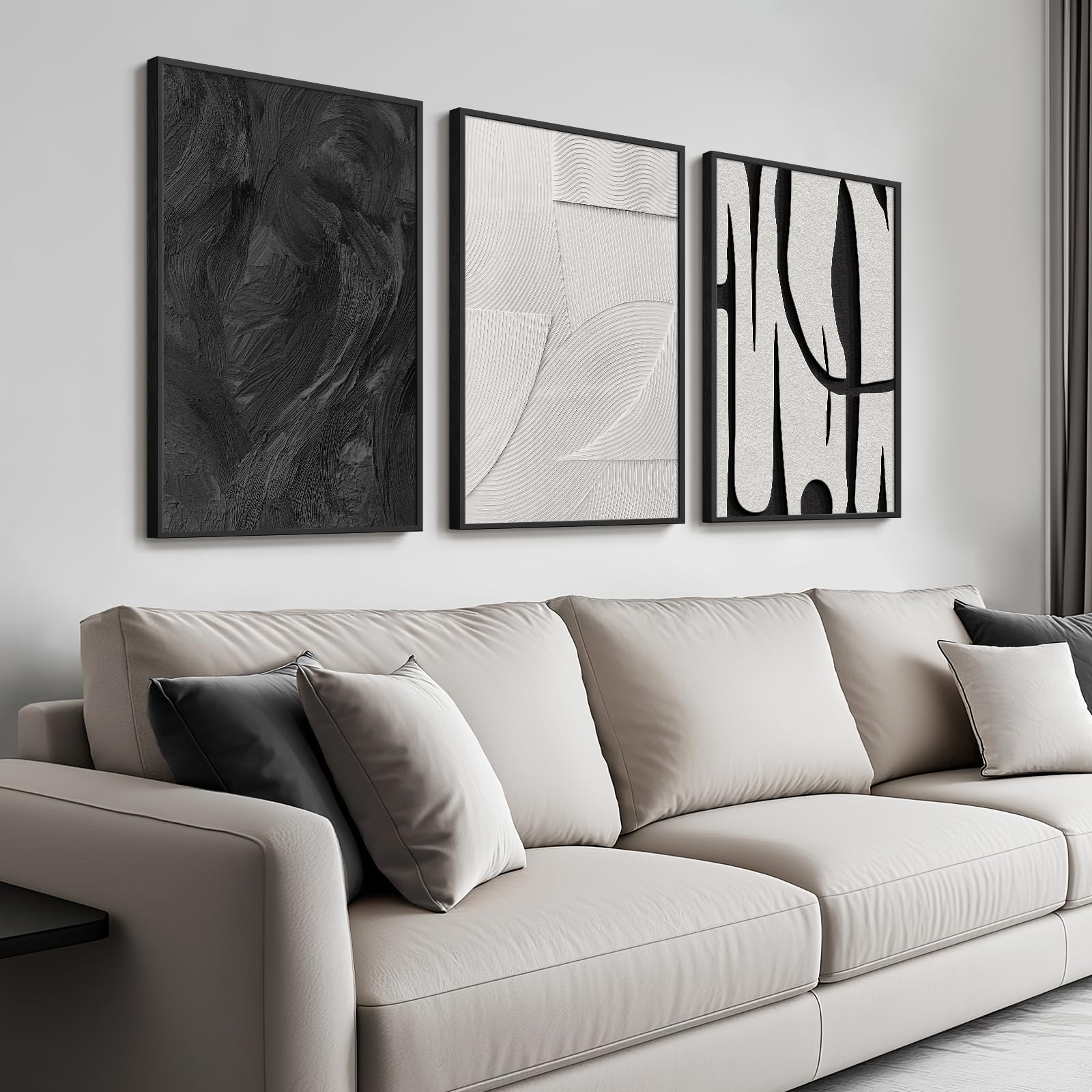 Framed Black And White Abstract Wall Art For Living Room, 3-Piece Modern Canvas Art Work Wall Decor, Minimalist Abstract Paintin