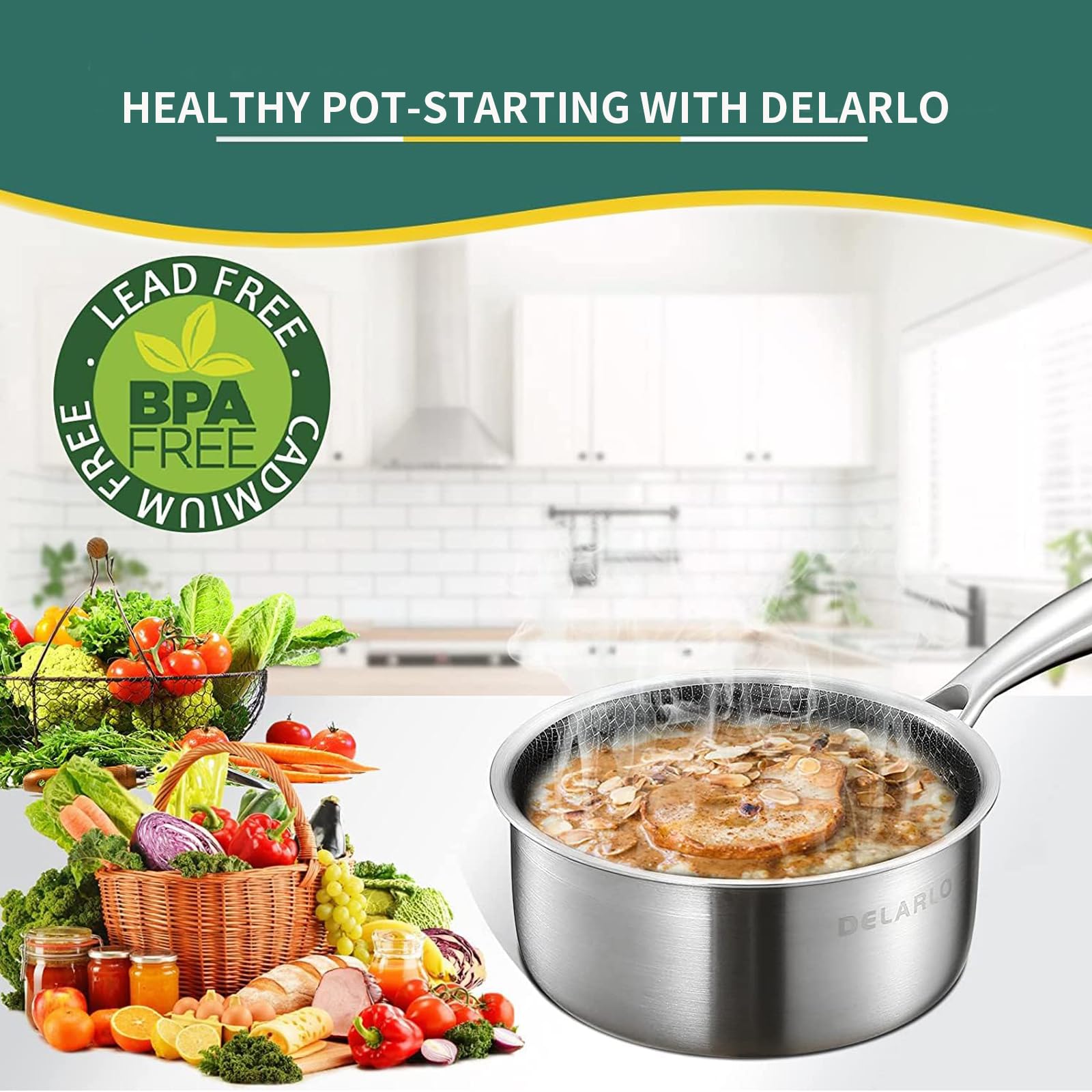 Delarlo Sauce Pot, Saucepan Hybrid Stainless Steel With Glass Lid, 188 Tri-Ply Stainless Steel Sauce Pan, Nonstick Honeycomb Ind