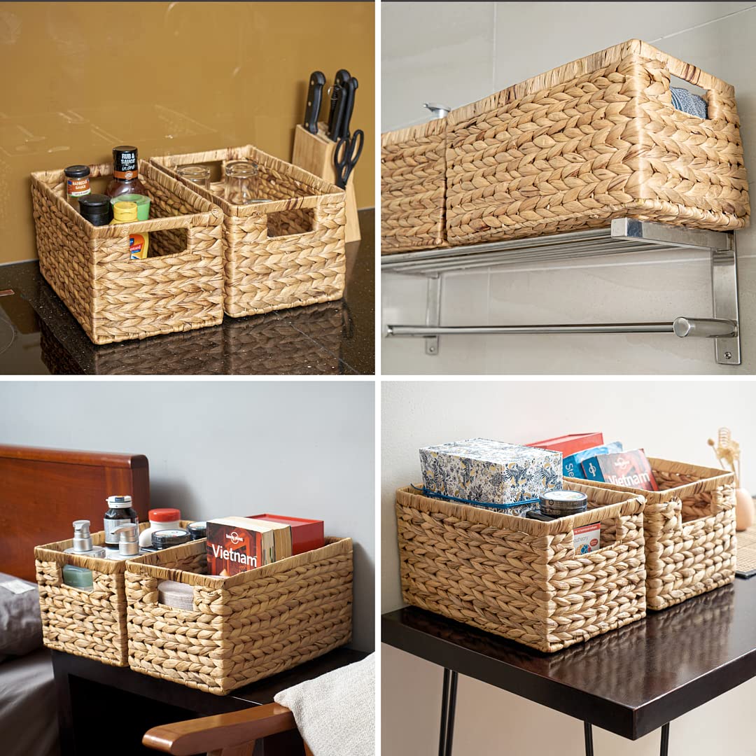 Barien Set Of 6 Natural Water Hyacinth Woven Storage Baskets 12.6    X 8    X 7   , Rectangular Wicker Basket With Built-In Hand