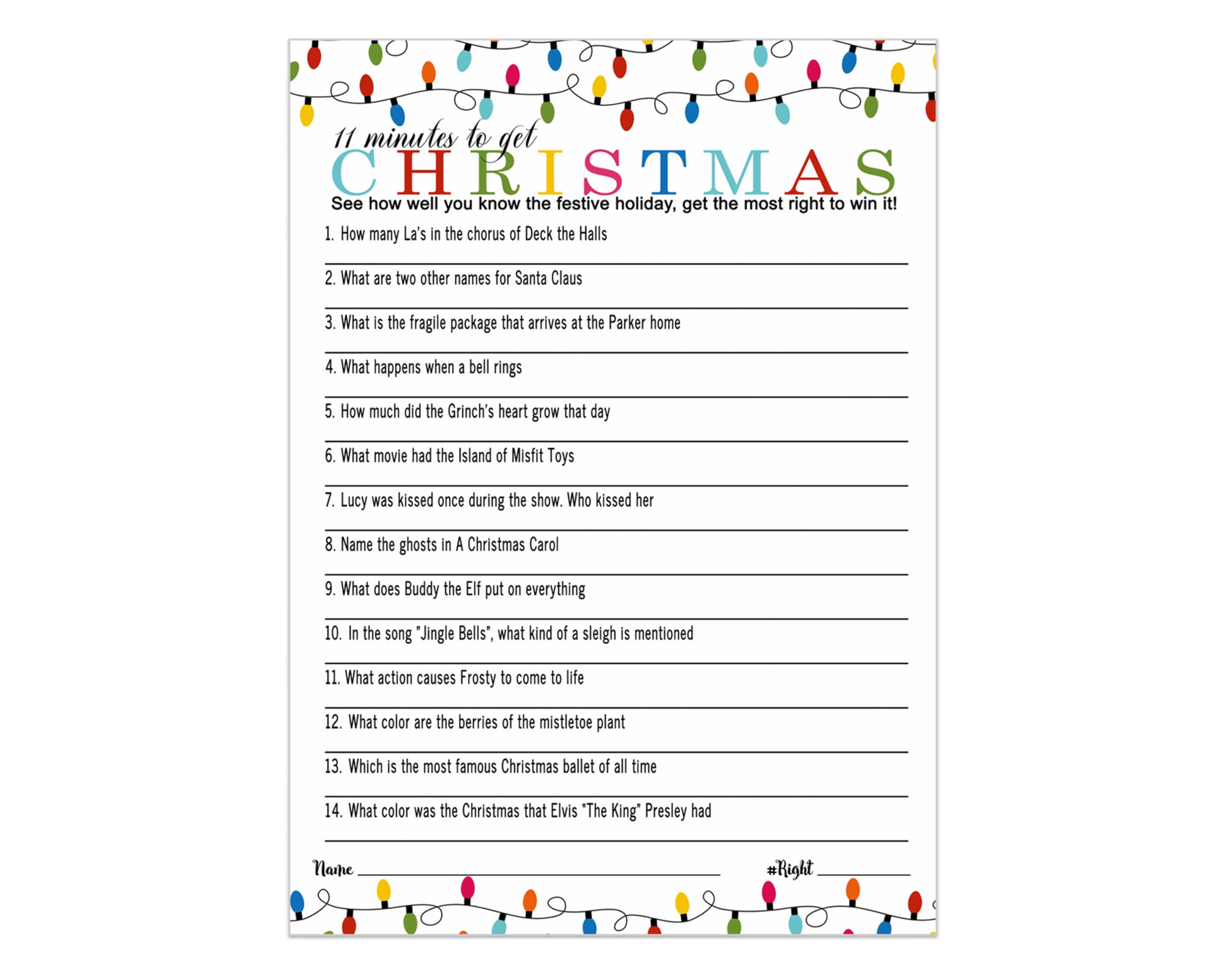 Festive Lights Christmas Trivia Game Party Activity For Adults, Office, Groups, Holiday Movie And Song Questions Thanksgiving, 2