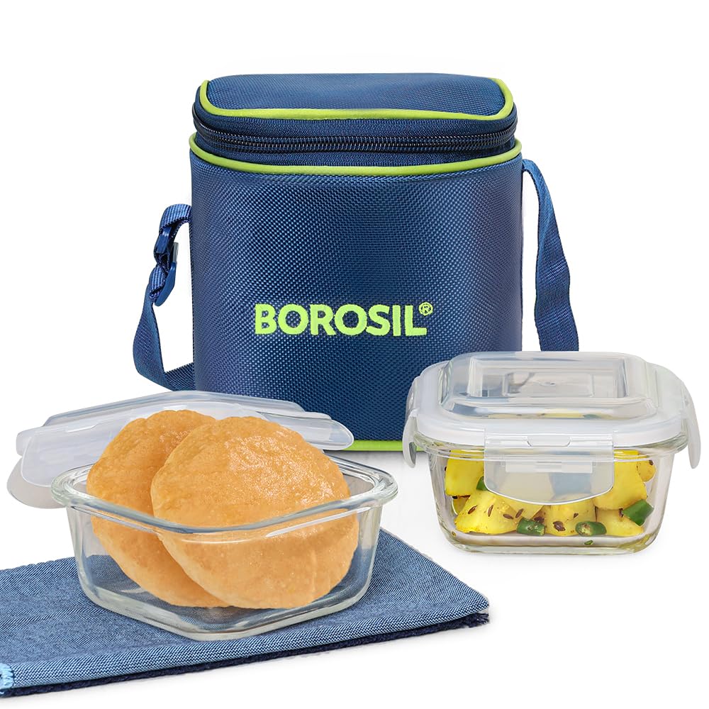 Borosil Klip n Store Lunchbox with Bag | Set of 2 (320ml Each), Square | Borosilicate Glass, Vertical | Microwave & Dishwasher S