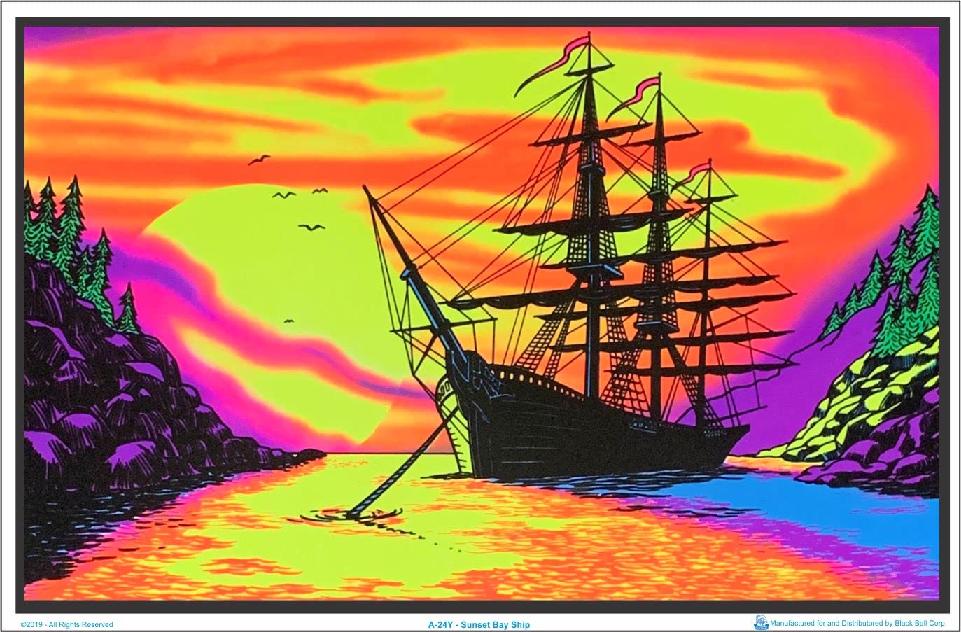 Sunset Bay Ship Blacklight Poster - Authentic Blacklight-Reactive Flocked Material - 35'' X 23''