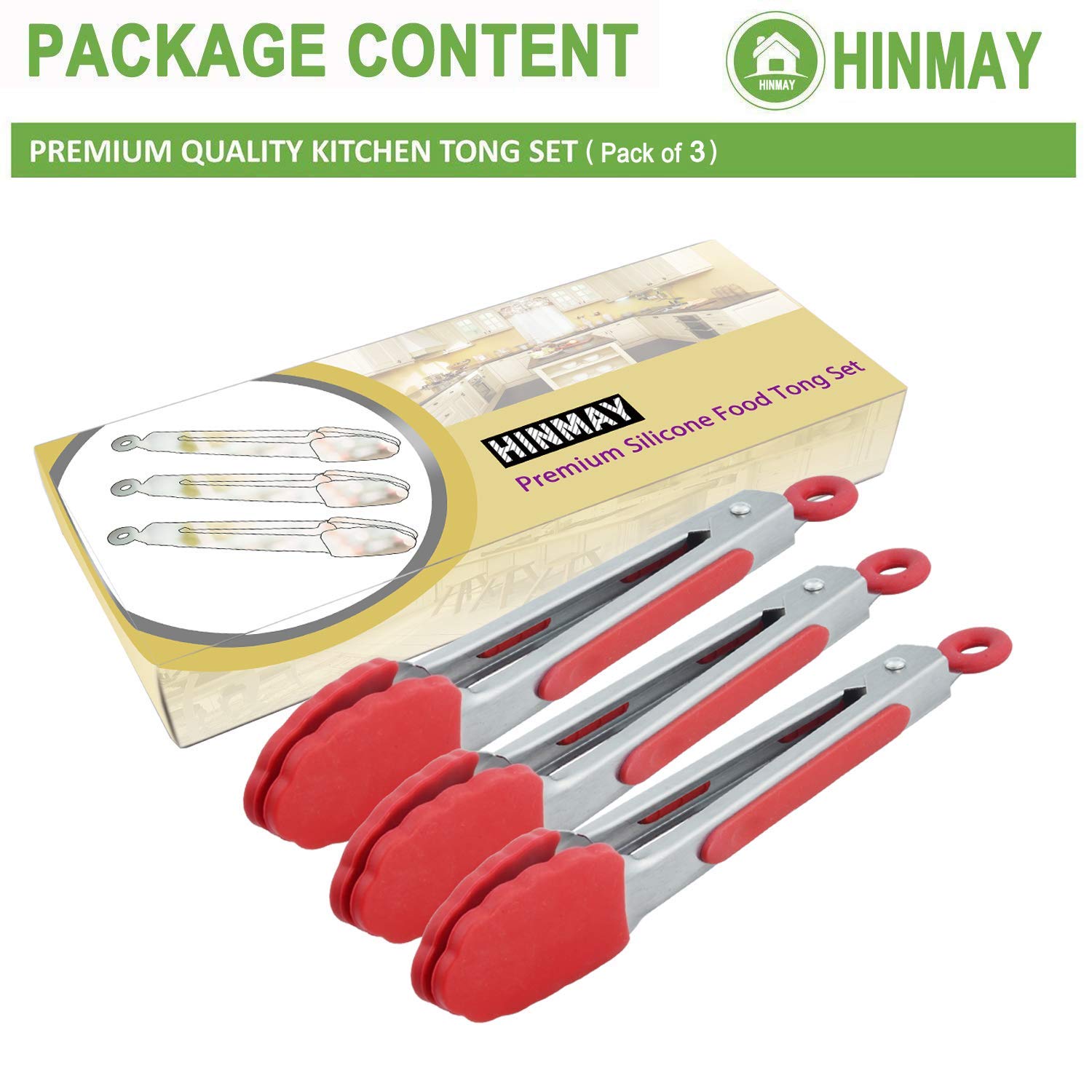 Hinmay Mini Serving Tongs With Silicone Tips 7-Inch Small Tongs, Set Of 3 (Red)