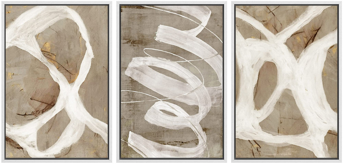 Signwin Framed Canvas Print Wall Art Set White Brown Pastel Paint Strokes Shapes Abstract Illustrations Modern Art Decorative No