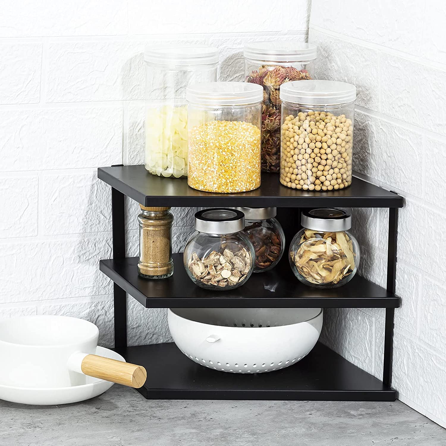 Naoe 3Tier Kitchen Corner Shelf Rack  Metal  Rust Resistant  Plates, Dishes, Cabinet And Pantry Organizer  Kitchen (Black)