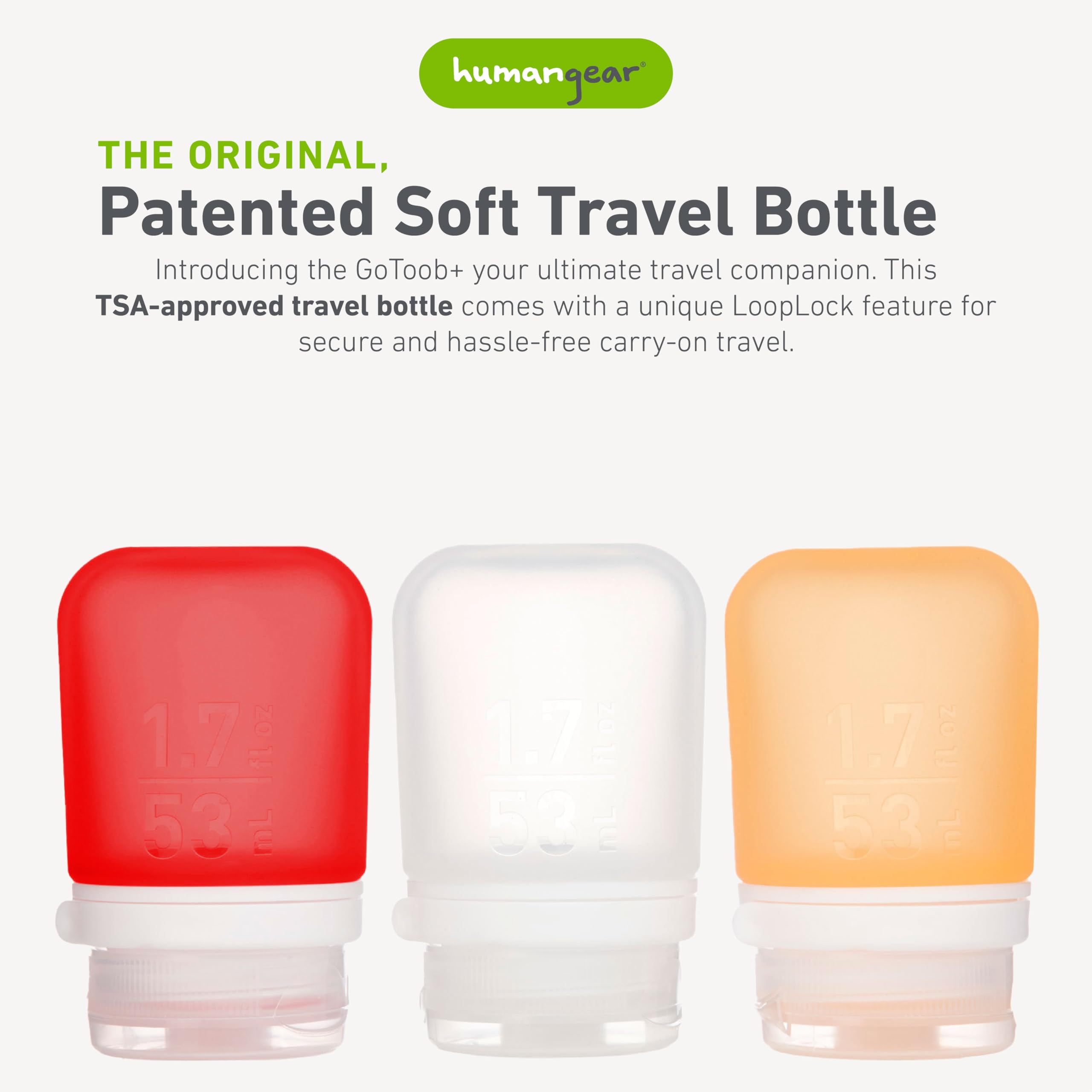 Humangear Gotoob+ 3-Pack (Small) | Refillable Silicone Travel Bottle | Locking Lid | Food-Safe Material, Clear/Red/Orange, Small