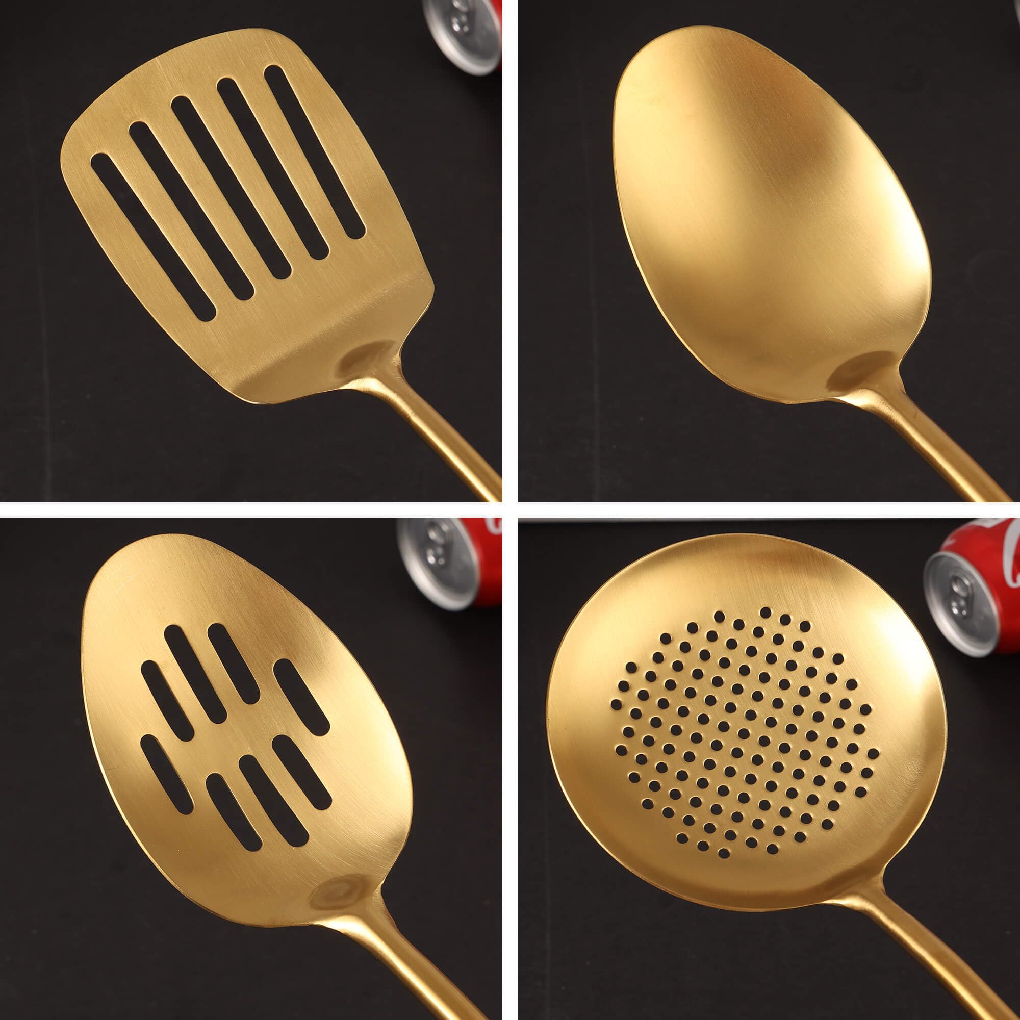 Gold Kitchen Utensils Set - 9 Pcs 304 Stainless Steel All Metal Cooking Tools, 15'' Long Serving Utensils With Fork, Solid/Slott