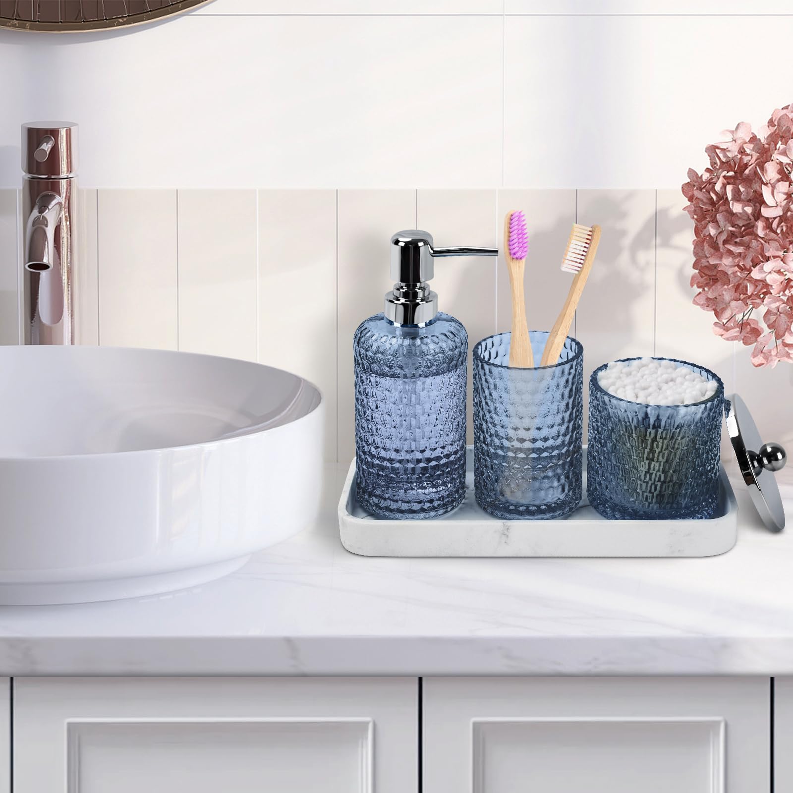 Bathroom Accessories Set,4 Pcs Blue Glass Bathroom Accessories Sets-Lotion Soap Dispenser,Toothbrush Holder,Qtip Holder Dispense