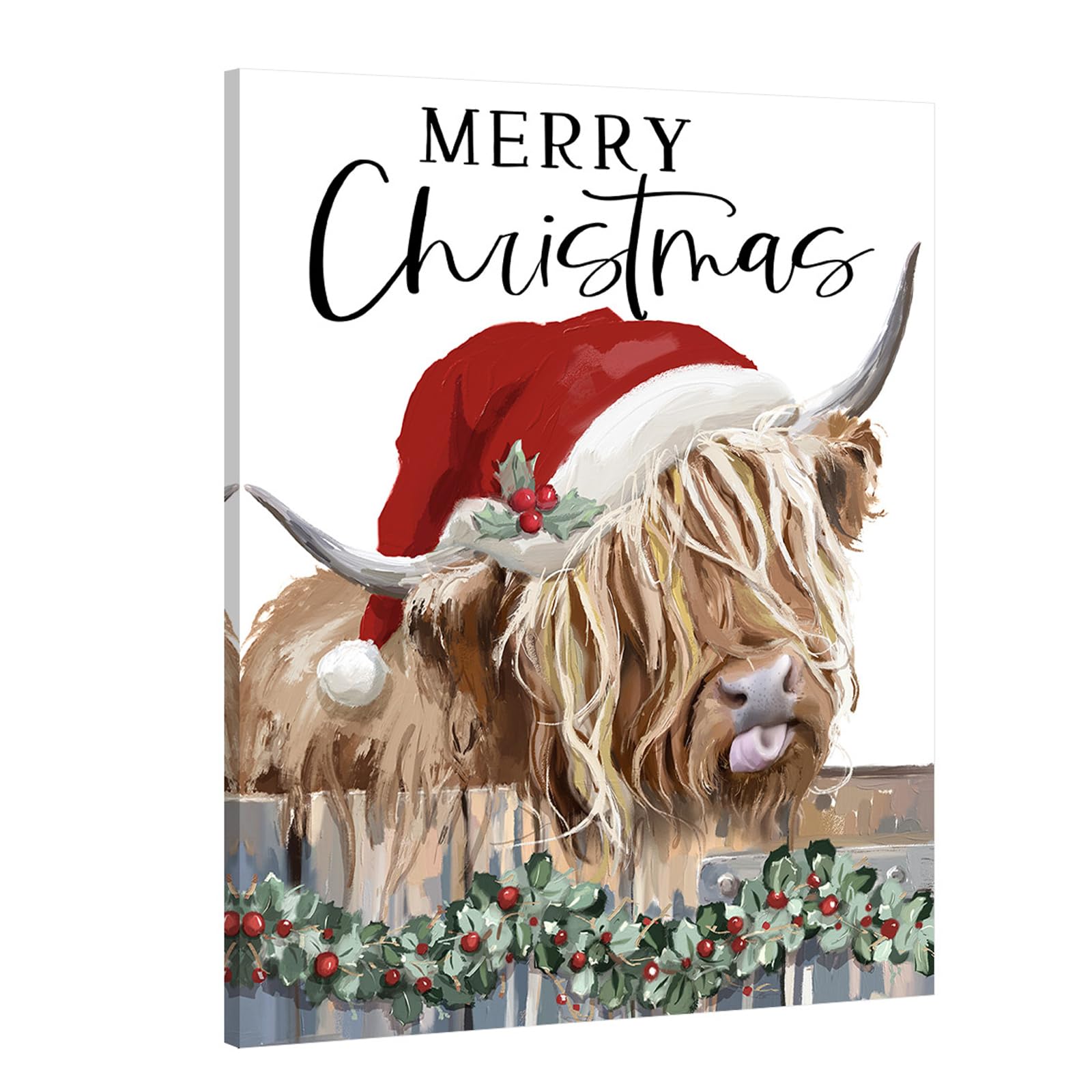 Christmas Highland Cow Wall Decor:Merry Christmas Canvas Wall Art Cow Pictures Farm Animal Prints Xmas Holiday Decorations Farmh