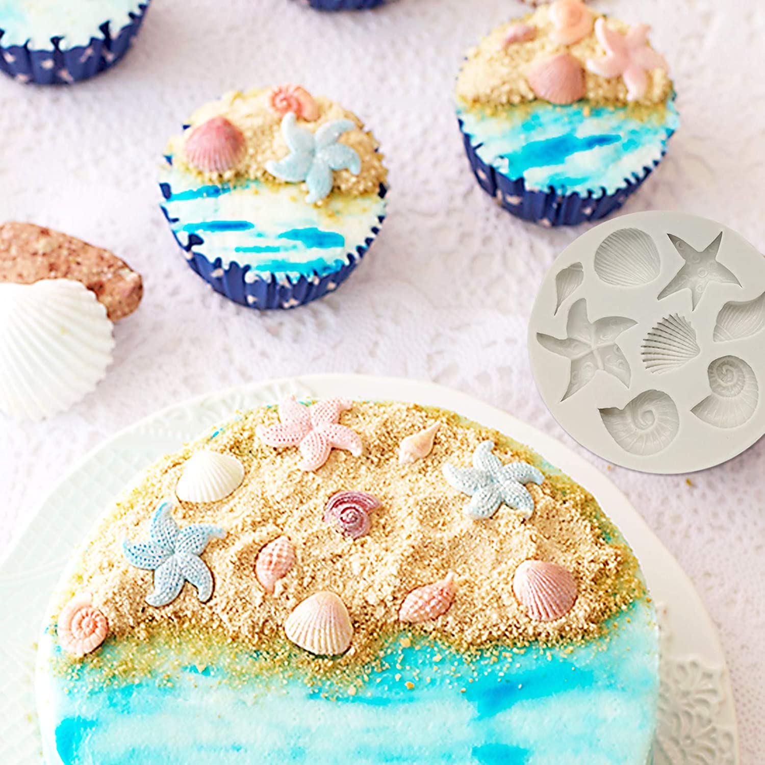 Marine Theme Cake Fondant Silicone Mold,Seashell, Conch, Starfish, Fish,Under The Sea Style Handmade Pastry Baking Molds For Coo