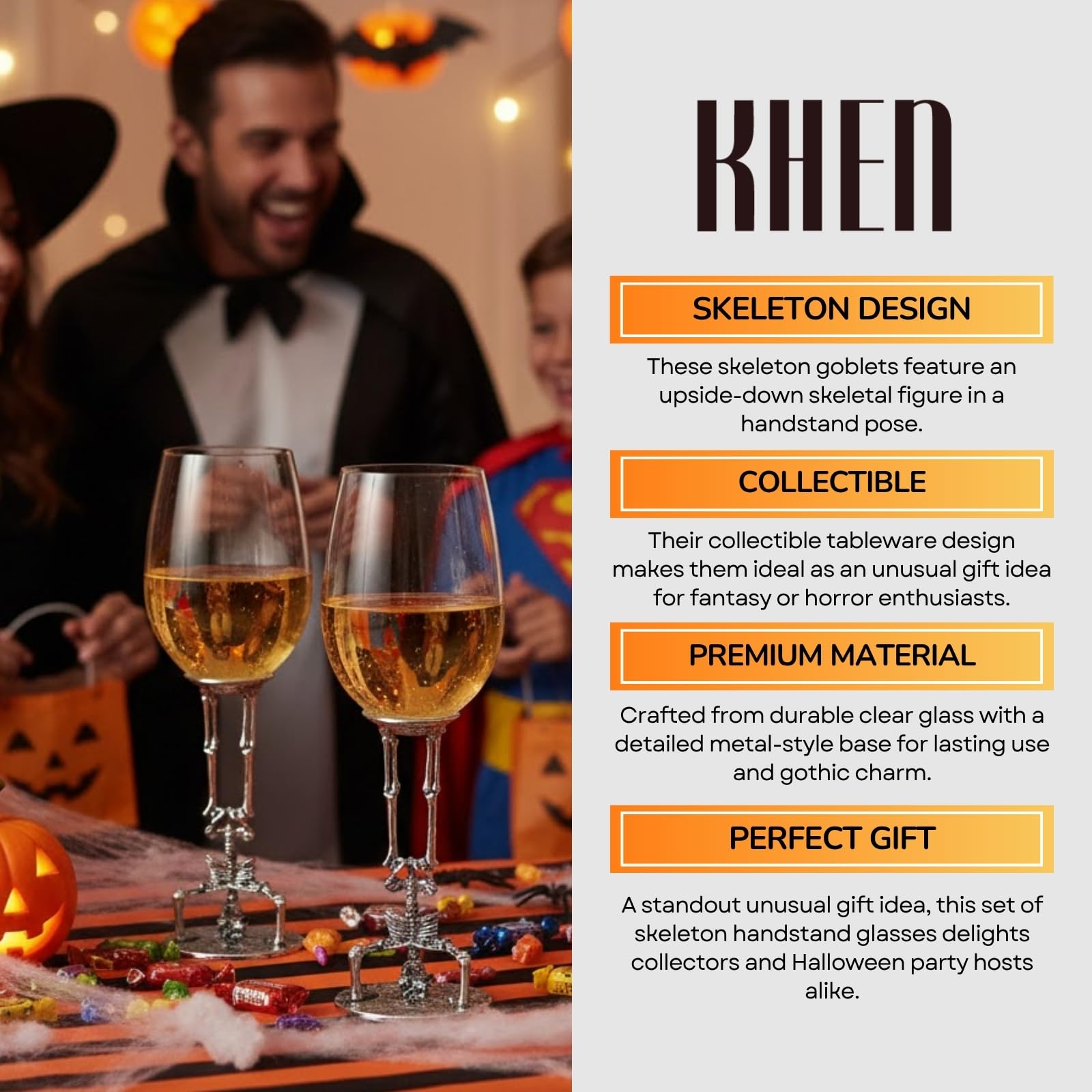 Skeleton Wine Glasses Set of 2 13oz – Gothic Skeletons Stem Goblets for Halloween Party