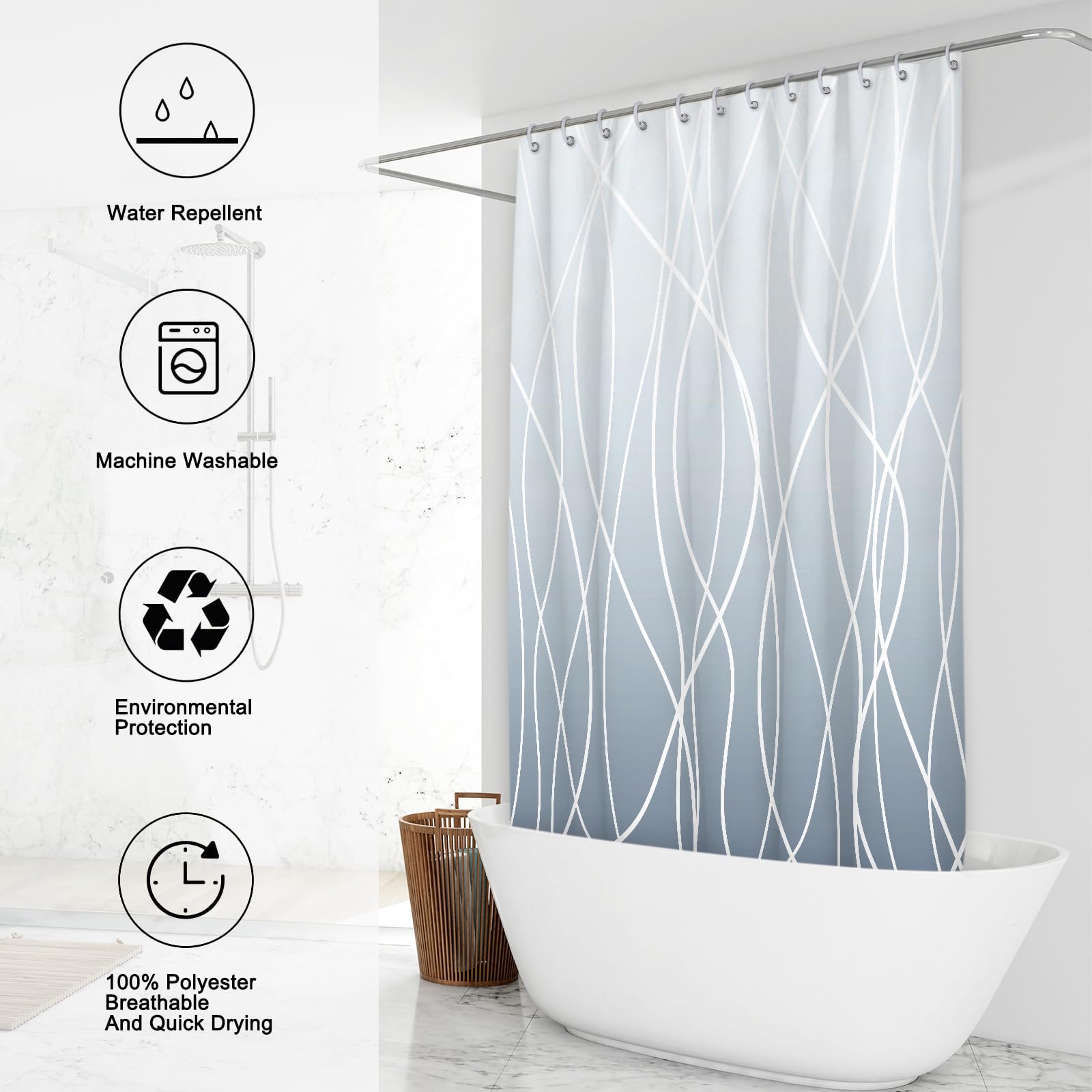 Punkray Ombre Blue Shower Curtain For Bathroom With Hooks,White Shower Curtain Set,Stripe Bath Curtains Decorative Shower Curtai