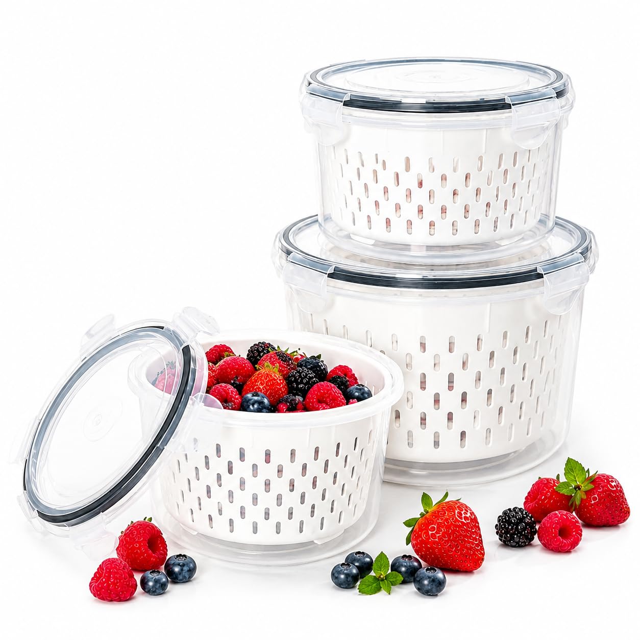 3 Piece Fruit & Berry Storage Boxes with Lid for Refrigerator, Round Berry Containers for Blueberries, Strawberries & Fruits, Fo