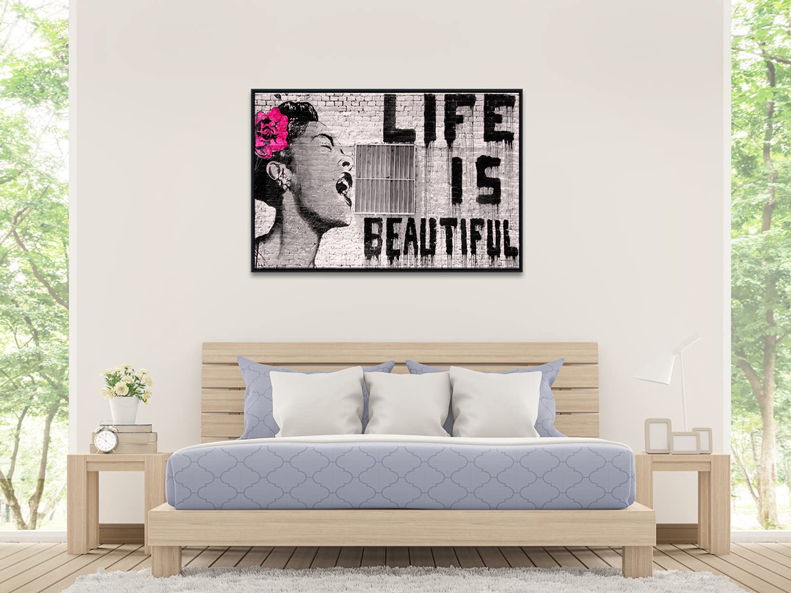 Pyradecor Black Framed Large Banksy Life Is Beautiful Artwork Modern Grey Love Pictures Paintings Canvas Wall Art For Bedroom Li