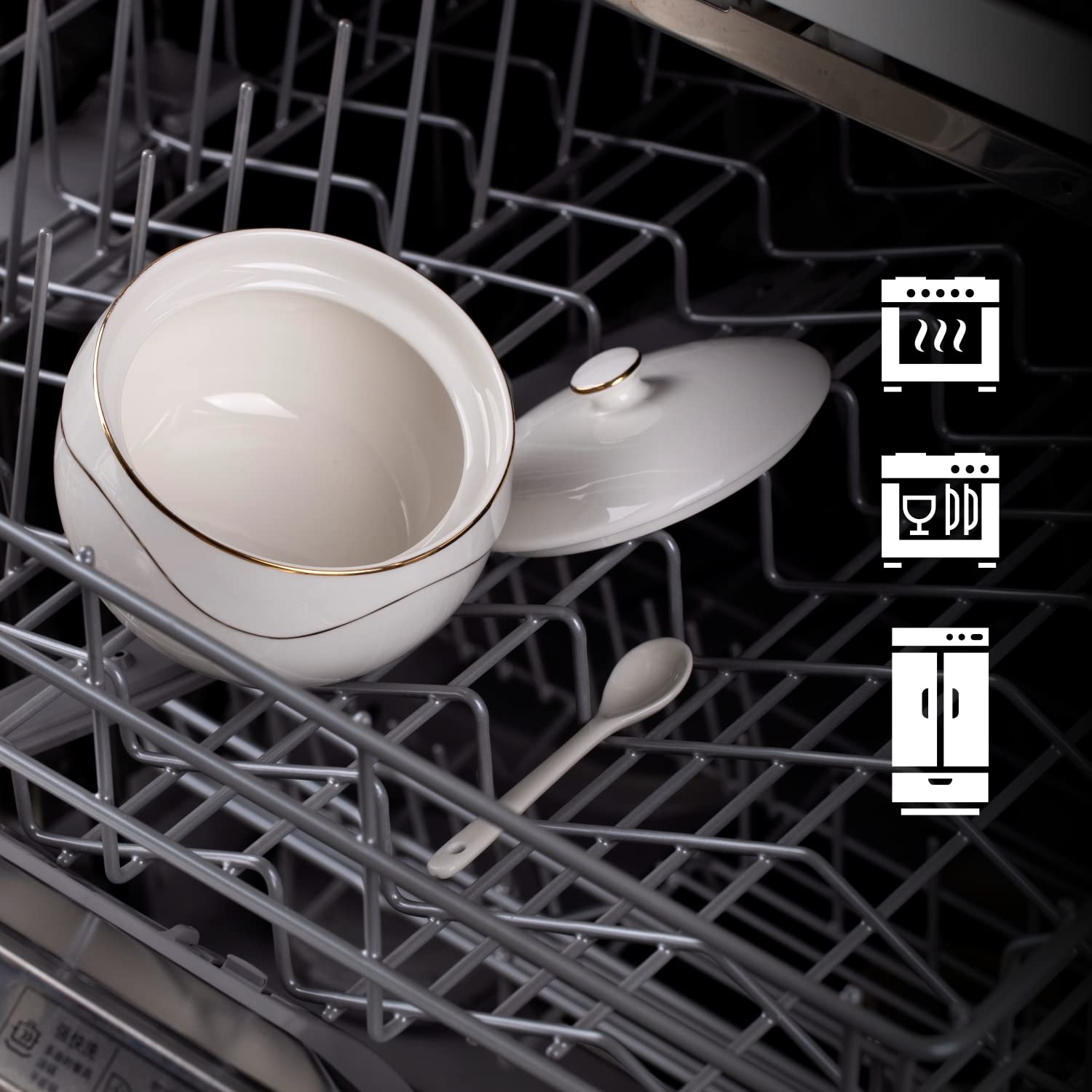 Kitchendao Porcelain Sugar Bowl With Lid And Spoon - Dust Free- Ceramic Sugar Holder Container For Countertop Kitchen Coffee, Di