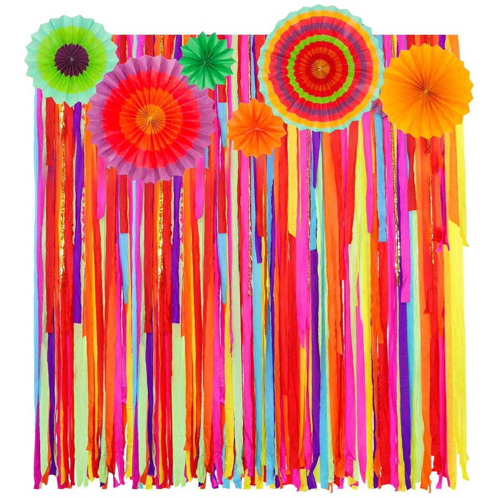 Mexican Fiesta Theme Party Backdrop With Fiesta Paper Fans, Mexican Fiesta Cinco De Mayo Party Decorations Streamer Backdrop For