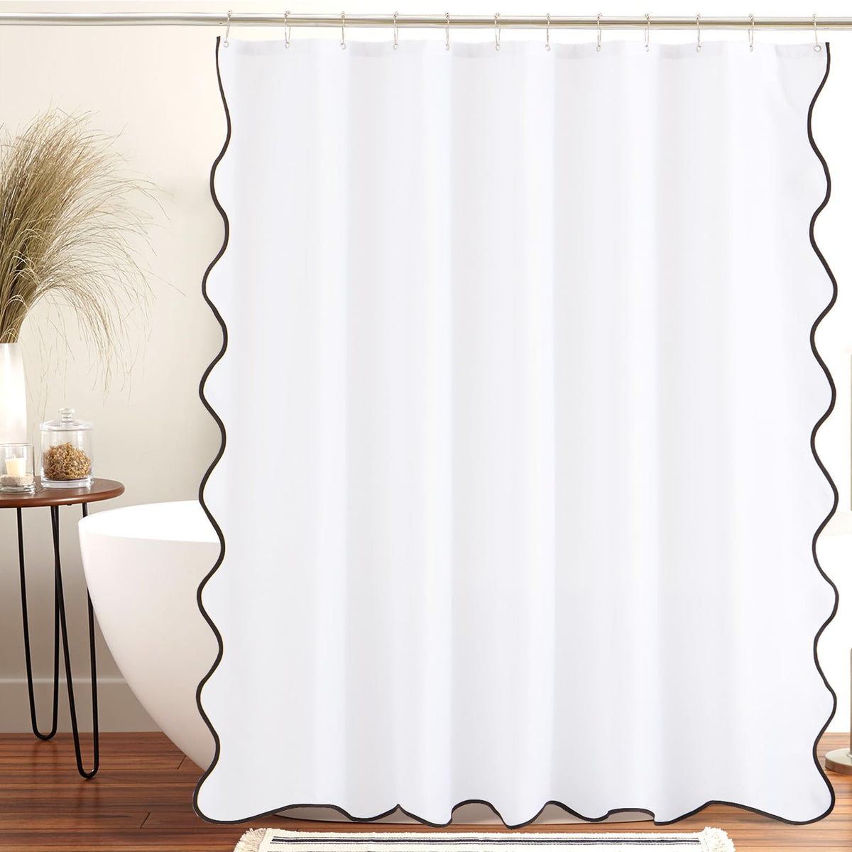 Ortigia White Shower Curtain With Black Scalloped Edge 72 W X 84 H Inch, Cute Boho Preppy Scallop Shower Curtains Aesthetic Wate