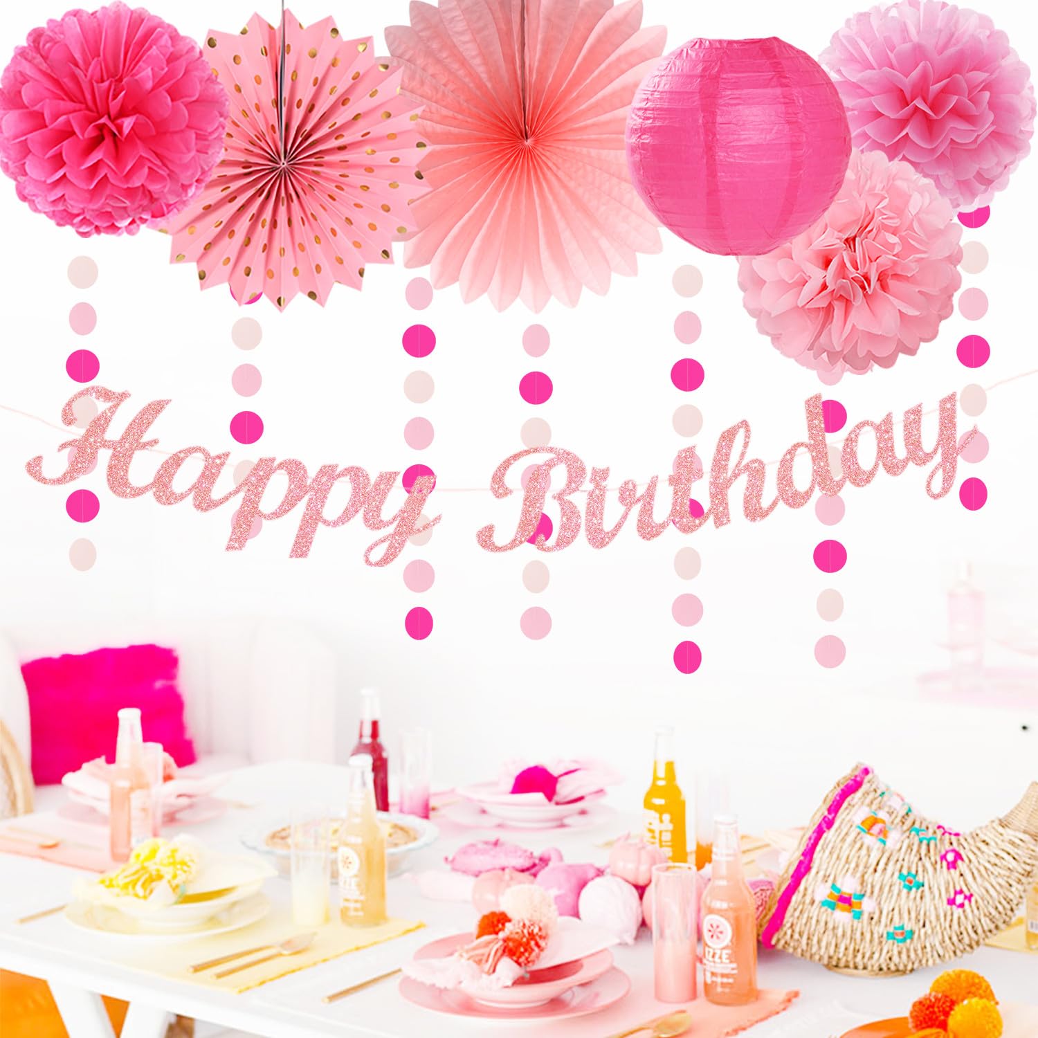 Light Hot Pink Birthday Party-Decorations - 21Pcs Girl Happy Banner,Paper Lanterns Honeycomb,Tissue Pom Poms Flower Fan,Hanging