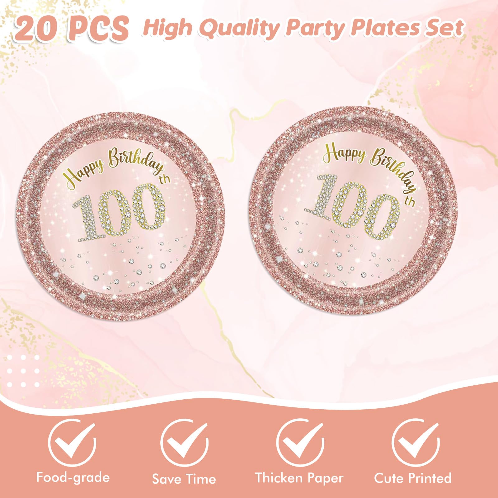 41Pcs 100Th Birthday Decorations, Rose Gold Birthday Party Supplies Include 20Pcs Plates 20Pcs Napkins And 1Piece Tablecloth, Sw