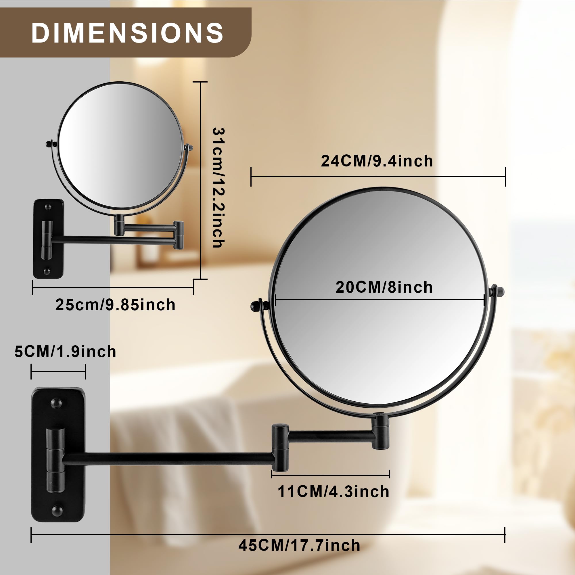 Janeeva 8'' Wall Mounted Makeup Mirror, 1X/10X Magnifying Mirror With 360 Extendable Arm Mirror For Bathroom-Double Sided Vanity
