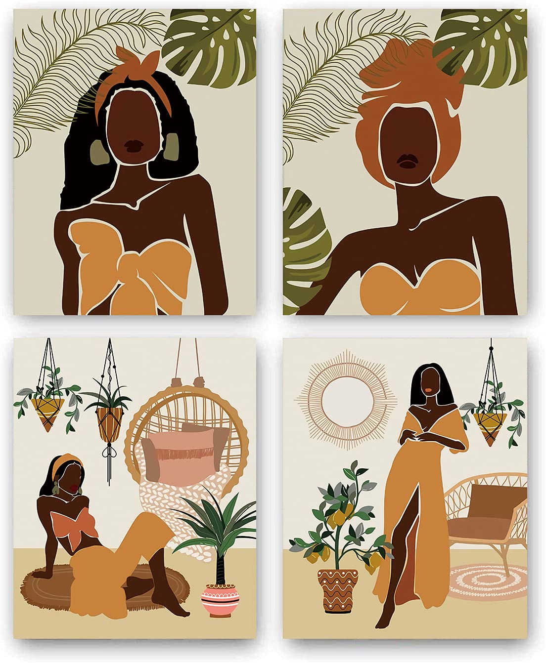 Modern Minimalist Black Woman Leaf Art Painting African American Women Art Painting Black Girl Wall Art Fashion Pop Boho Queen G