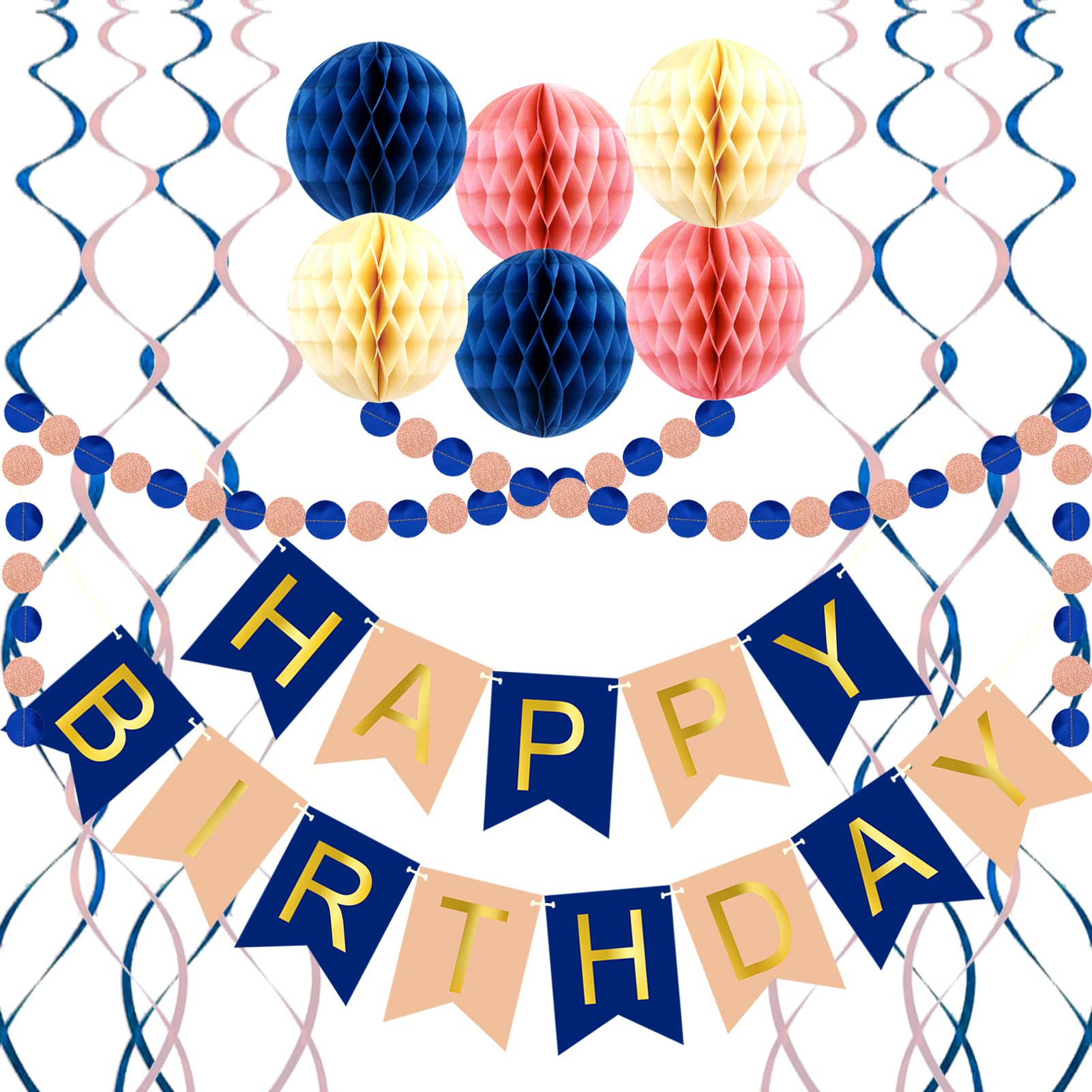 Navy Rose Gold Birthday Decorations With Happy Birthday Banner, Honeycomb Balls, Metallic Hanging Swirls And Circle Parper Garla