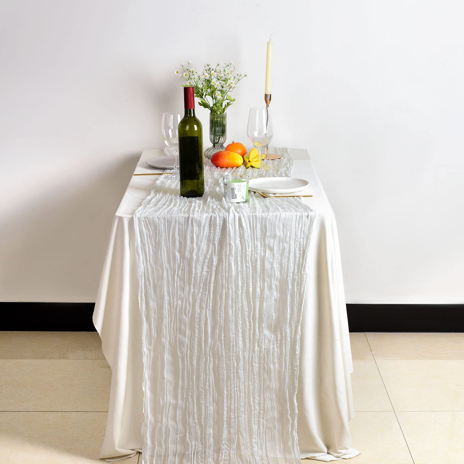 Icosamro White Cheesecloth Table Runner Set Of 2, 13Ft (36X157 Inch), Boho Cheese Gauze Cream Beige Decoration For Fall Thanksgi