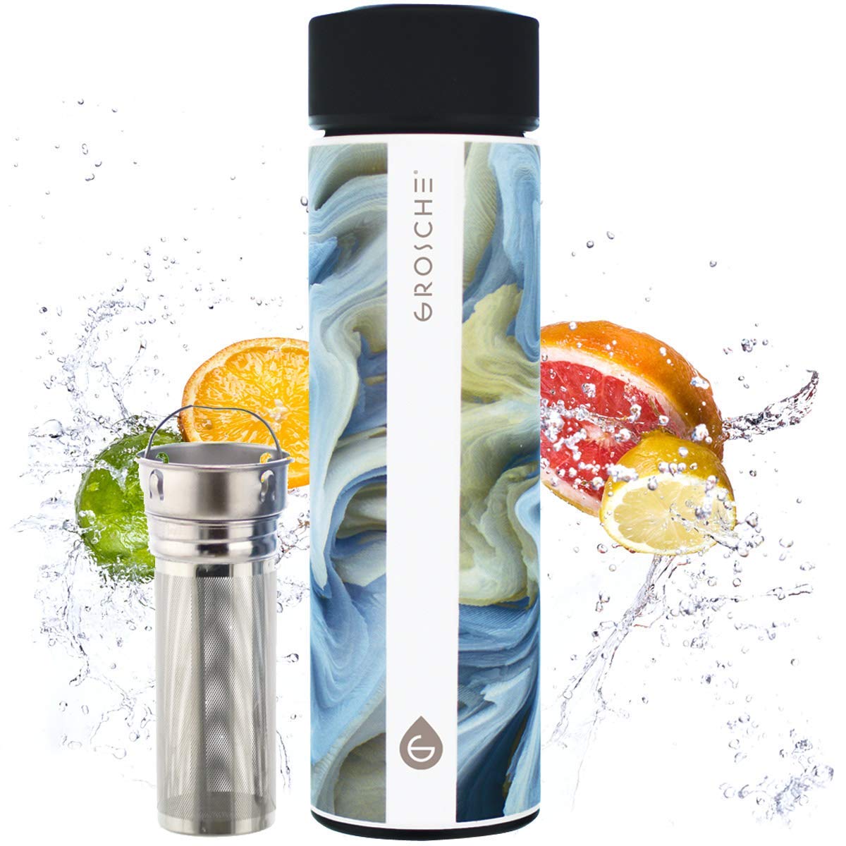 Grosche Chicago Extra Long Infuser 450 Ml (15.2 Fl. Oz) Soft Touch - (Saturn) Tea And Fruit Infuser Water Bottle - Double Walled