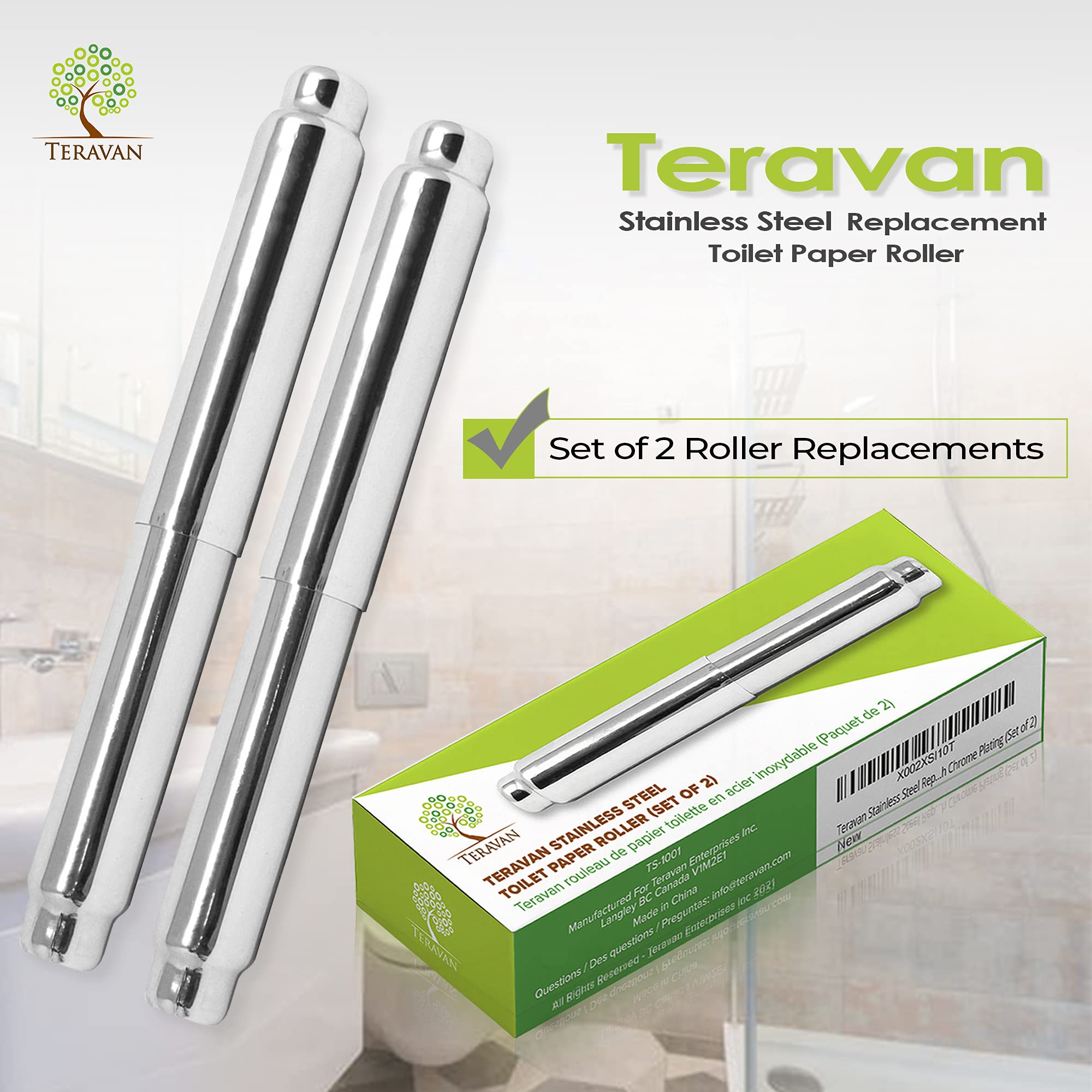 Teravan 201 Stainless Steel Spring-Loaded Replacement Toilet Paper Roller With Chrome Plating, Solid, Corrosion-Resistant, Moder
