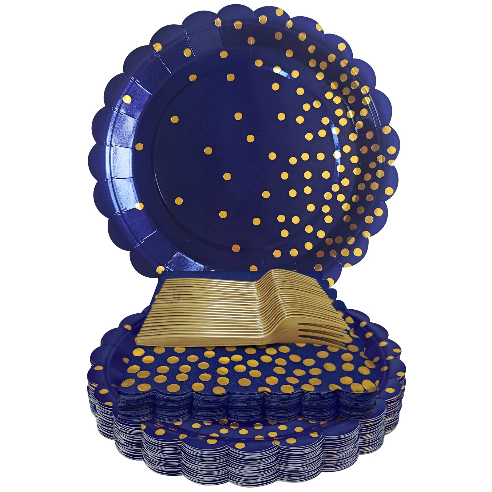 WYQJHKV Navy Blue and Gold Paper Plates and Napkins,7 Inch Navy Blue and Gold Scalloped Disposable Dessert Plates Paper Napkin F
