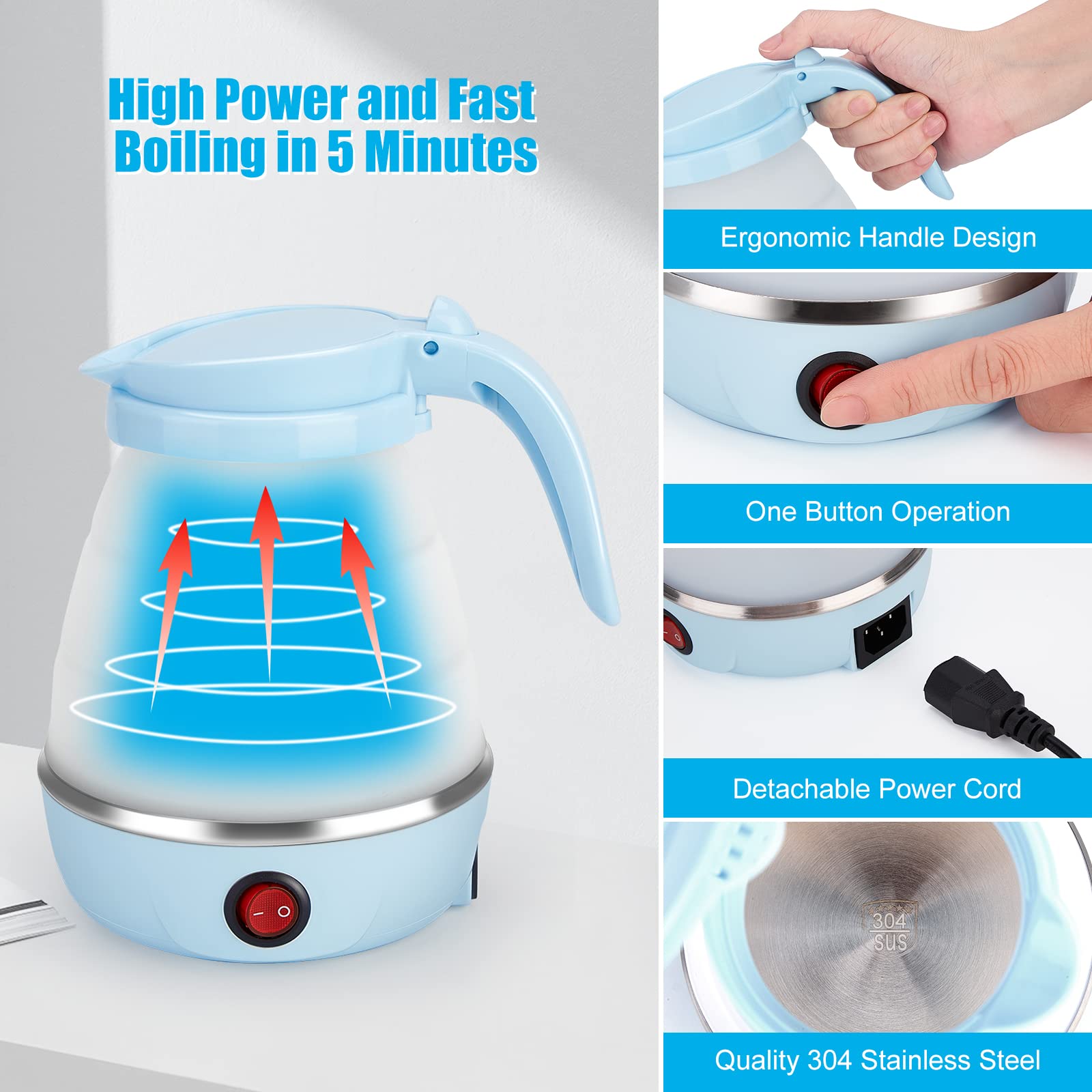 Travel Foldable Electric Kettle  Collapsible Portable Kettle for Fast Water Boiling Tea Coffee  with 1 Collapsible Bowl and 2 Collapsible Cups  Food Grade Silicon  600ML 110V