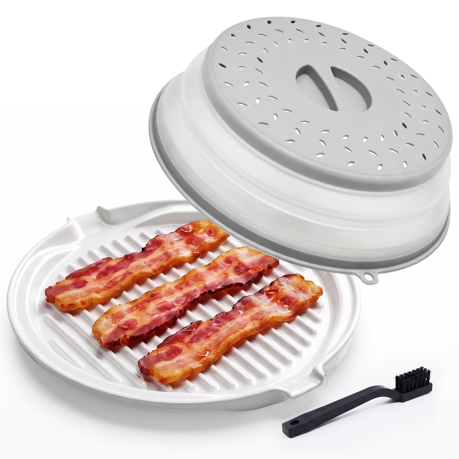 Ceramic Microwave Bacon Cooker with Lid, 12Inch Round Bacon Tray, White