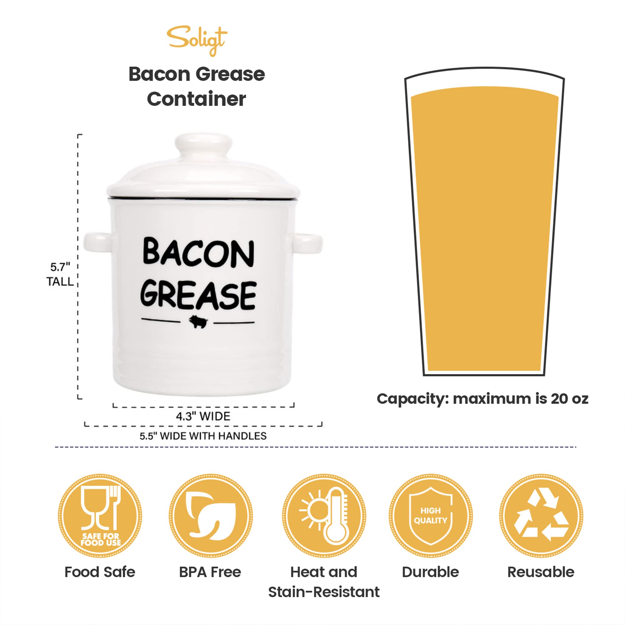 Ceramic Bacon Grease Container With Strainer - 600Ml / 20Oz Farmhouse Bacon Grease Keeper With Easy-Grip Handle, Bacon Fat Can F