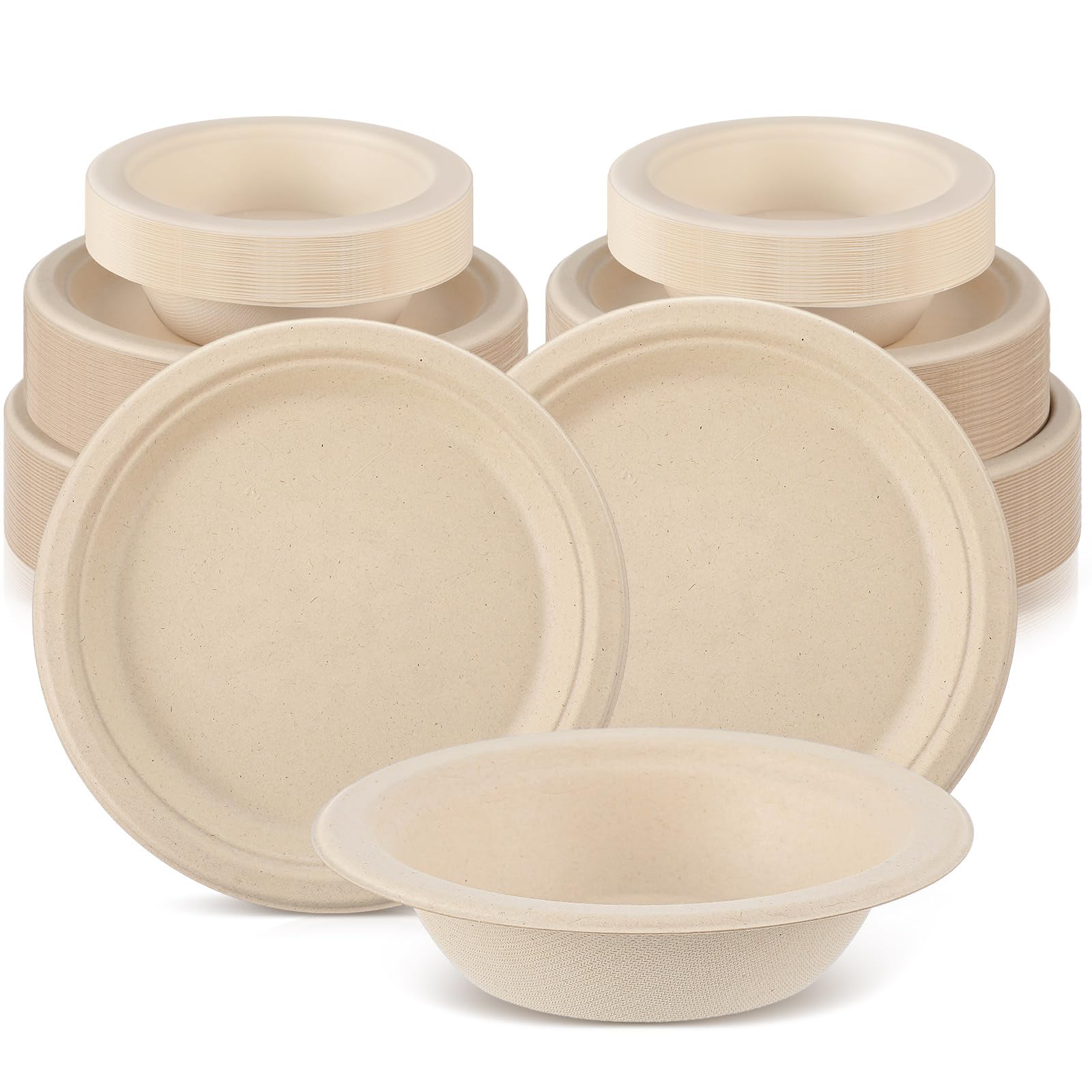Havawish 150 Pcs Compostable Paper Plates and Bowls Set 9 Inch 10 Inch Disposable Plate 16oz Biodegradable Bowls for 50 Guests P
