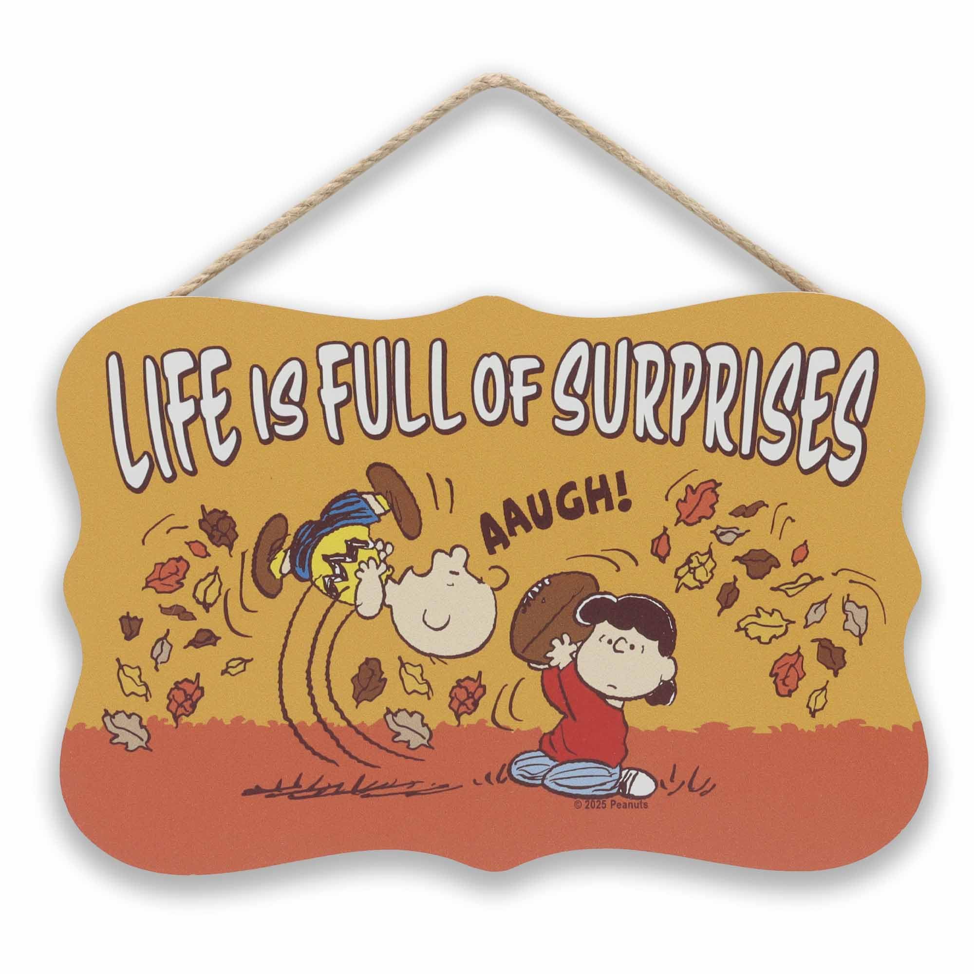 Peanuts Life Is Full of Surprises Hanging Wood Wall Decor - Fun Charlie Brown Sign for Fall Decor