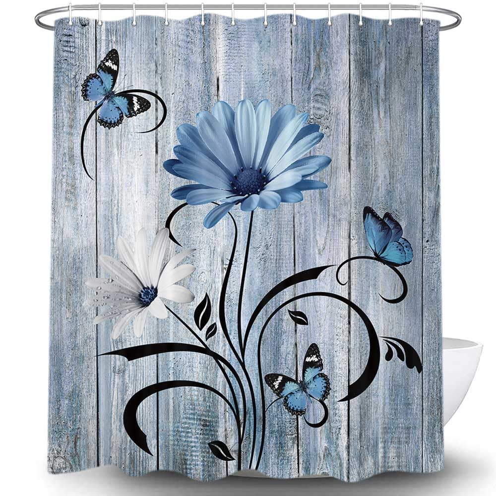 Rustic Farmhouse Floral Shower Curtain, Farm Boho Blue Daisy Flowers And Butterfly On Country Wooden Shower Curtain For Bathroom